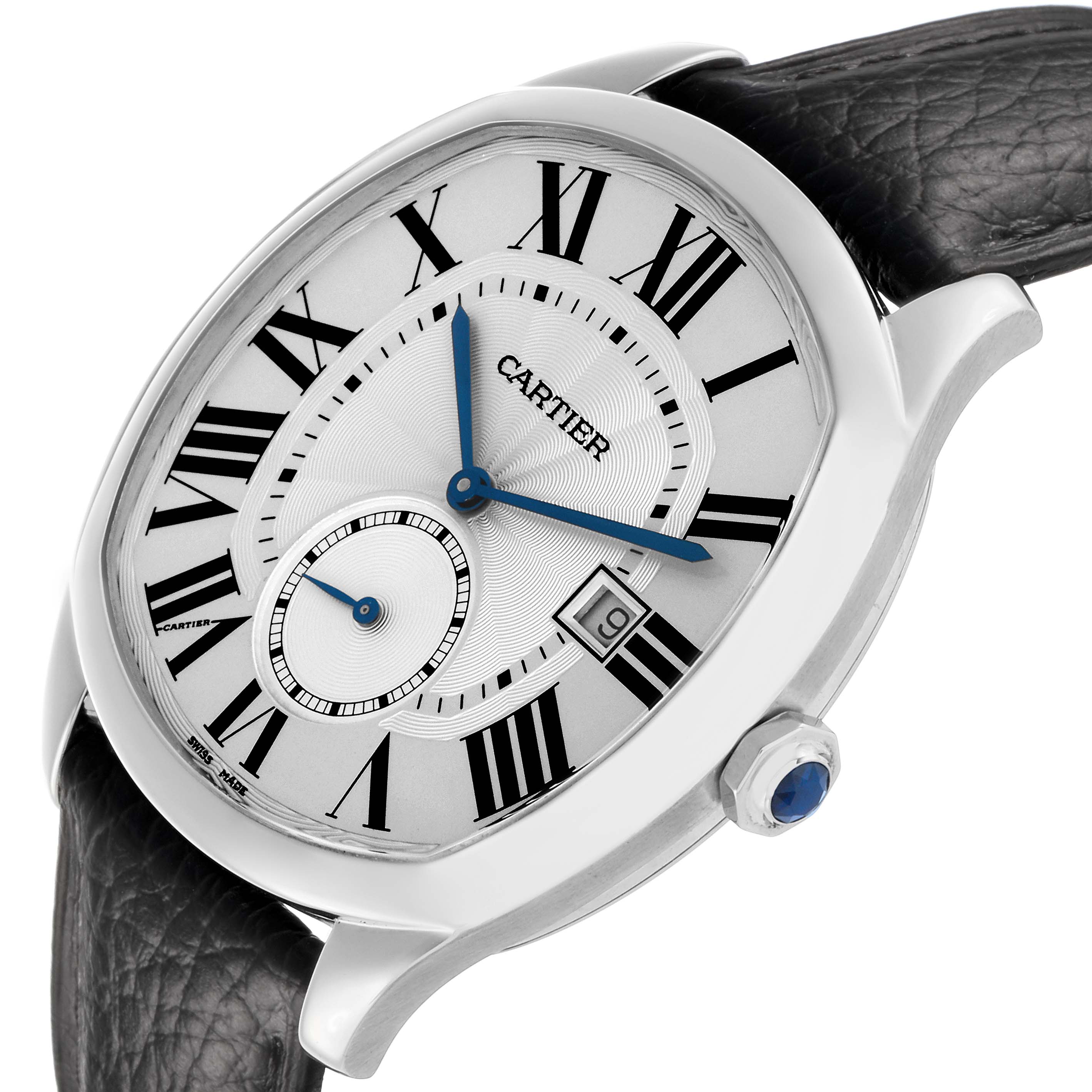 The Drive de Cartier watch is shown at a slight angle, highlighting the dial, blue hands, Roman numerals, and crown with a blue gemstone.