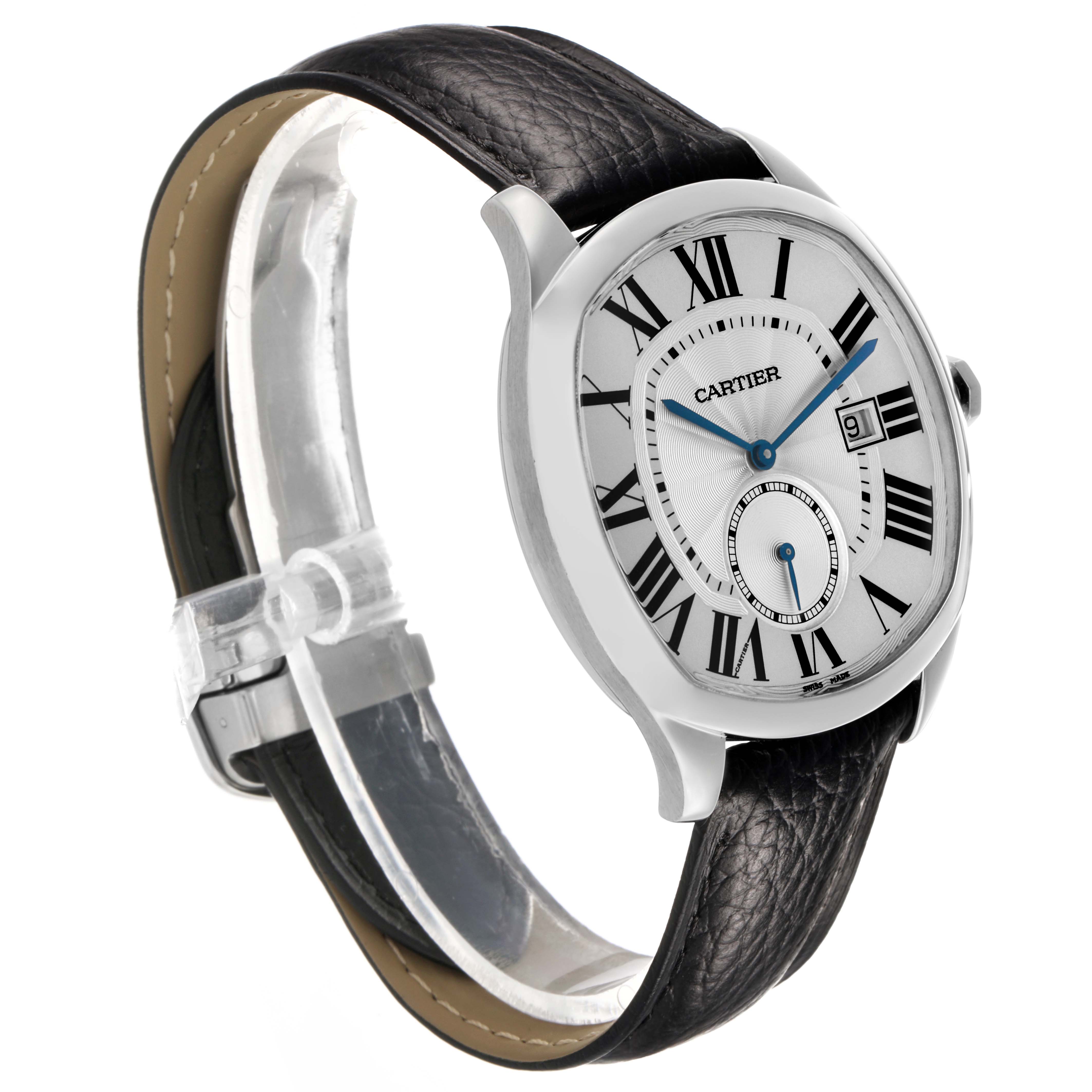 The Drive de Cartier watch is shown from a three-quarter angle, displaying the dial, case, and leather strap.