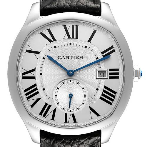 The Drive de Cartier watch is shown from the front, displaying its face with Roman numerals, blue hands, and a black leather strap.