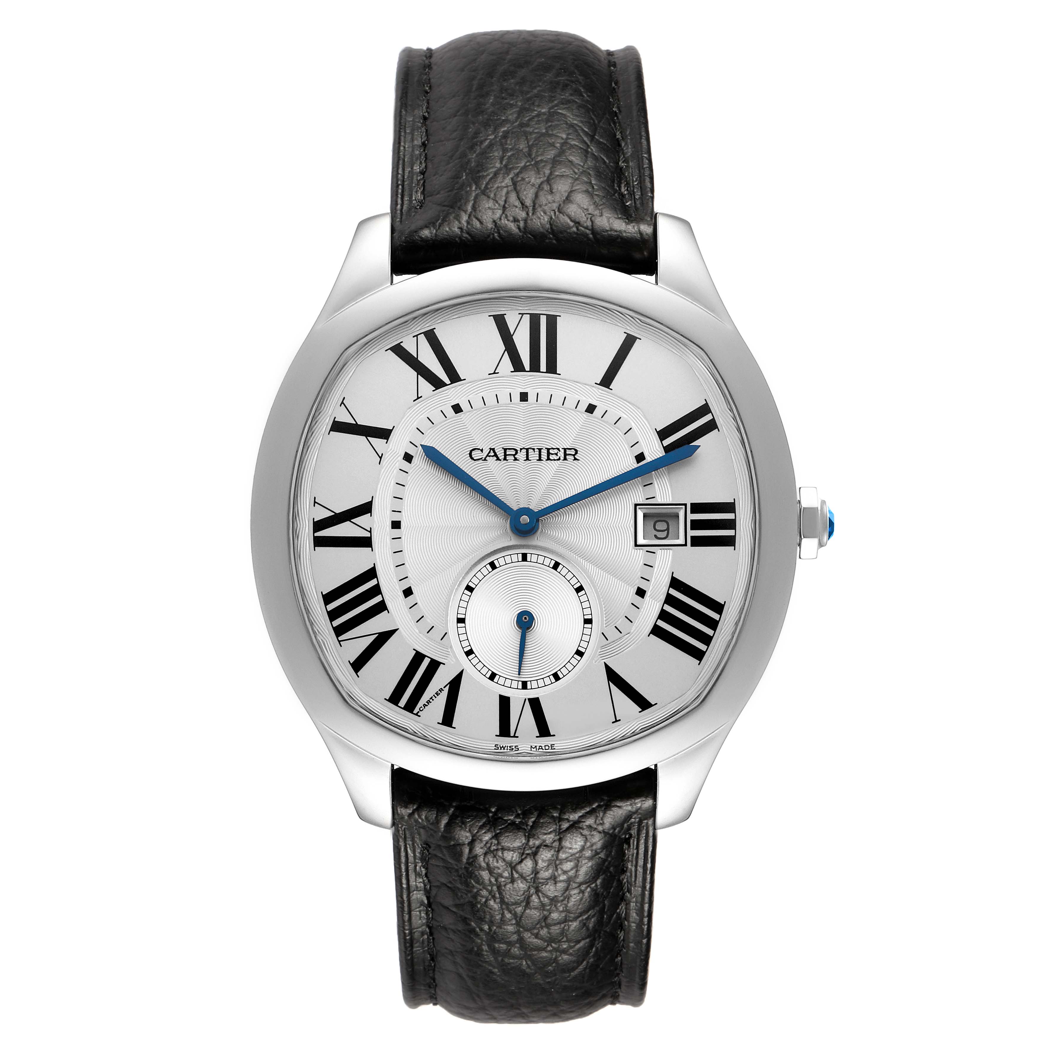 The Drive de Cartier watch is shown from the front, displaying its dial, Roman numerals, hands, and leather strap.