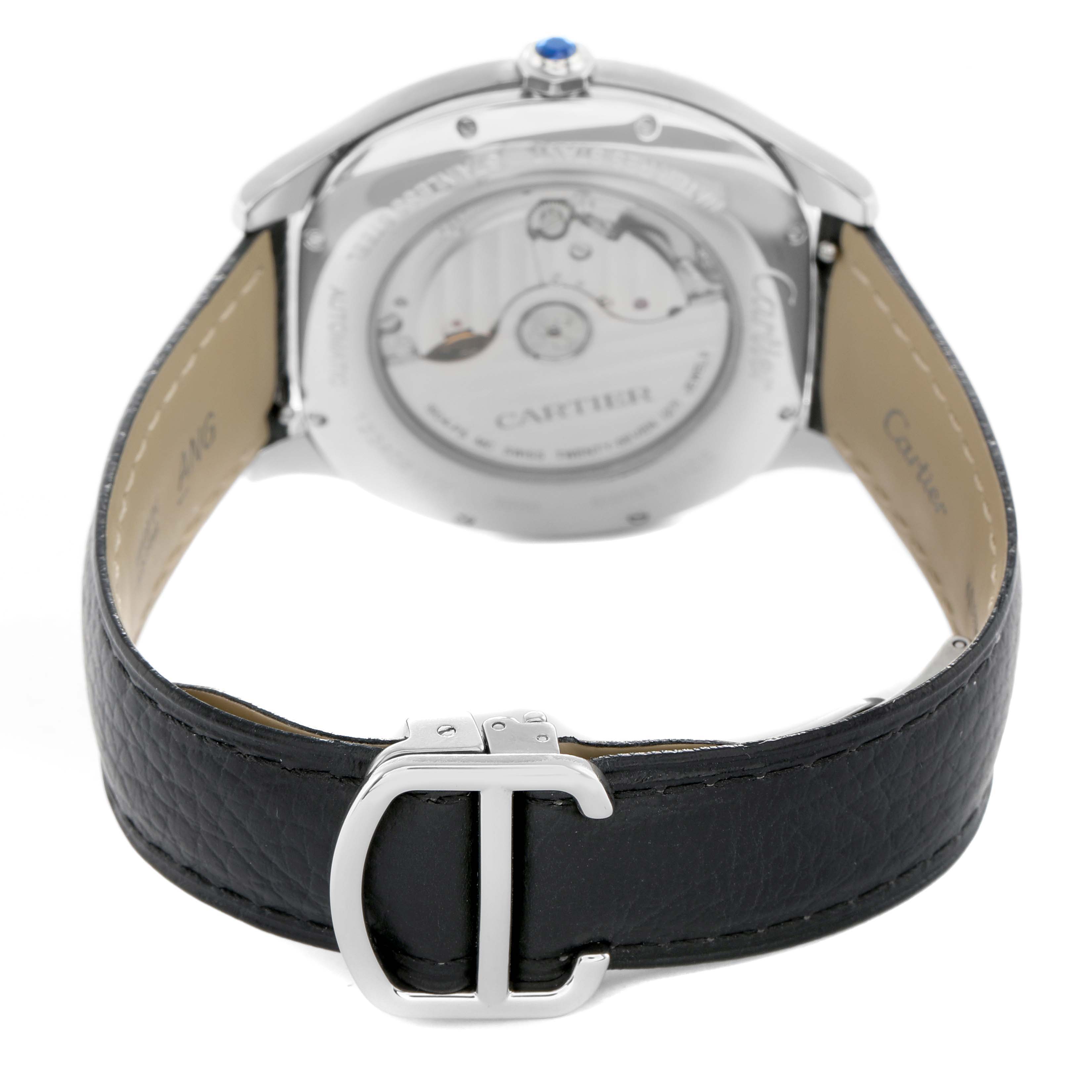 The image shows the back view of the Drive de Cartier watch, highlighting its movement and black leather strap with a silver buckle.