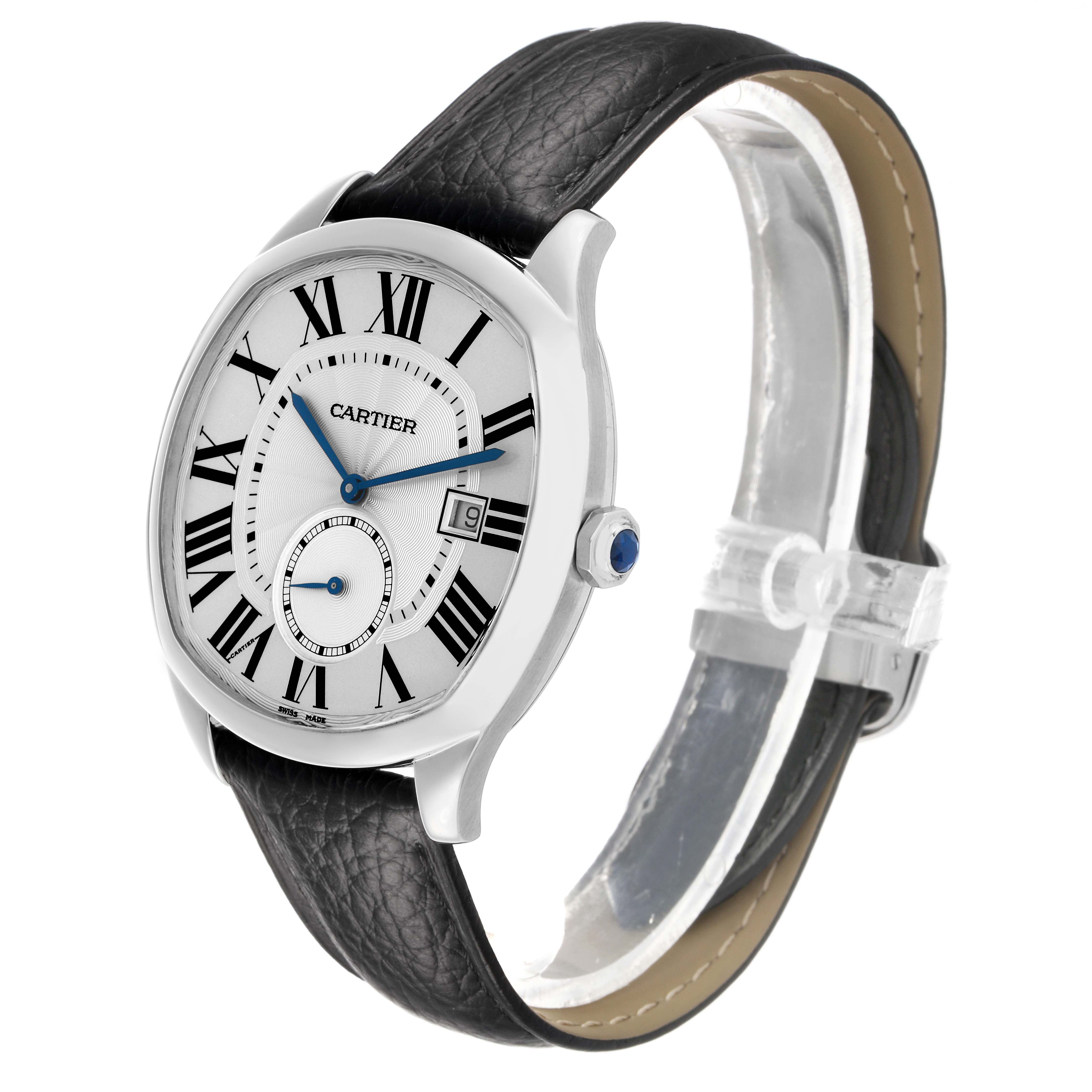 The Drive de Cartier watch is shown at a slight angle highlighting its face, black leather strap, and the side profile with a blue crown.