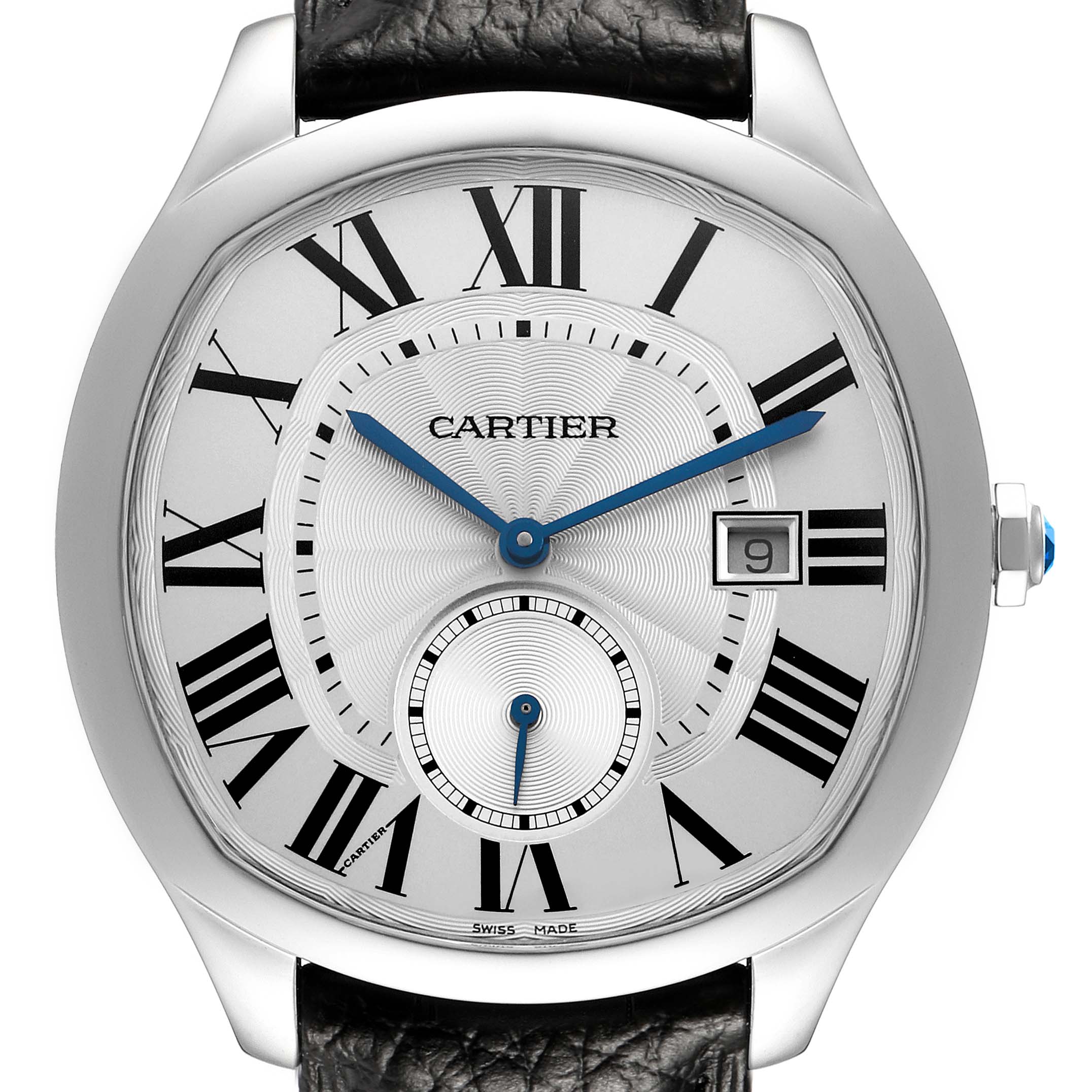The image shows a frontal view of the Drive de Cartier watch by Cartier, highlighting the dial, hands, and date window.