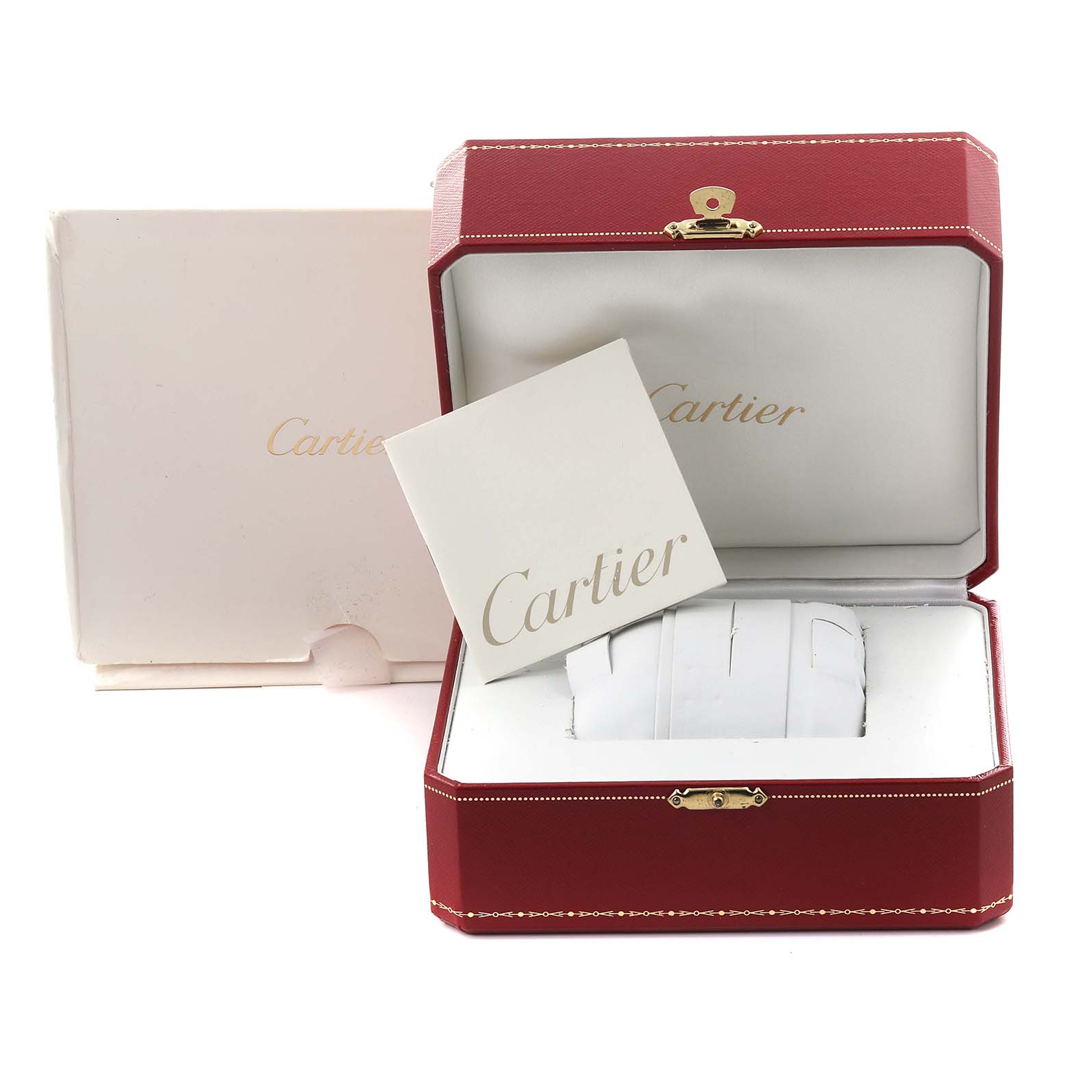 The image shows an open Cartier Pasha W3140024 Women's Stainless Steel Blue Dial W3140024 Women's Stainless Steel Blue Dial watch box with a card, viewed from the front at a slight angle.