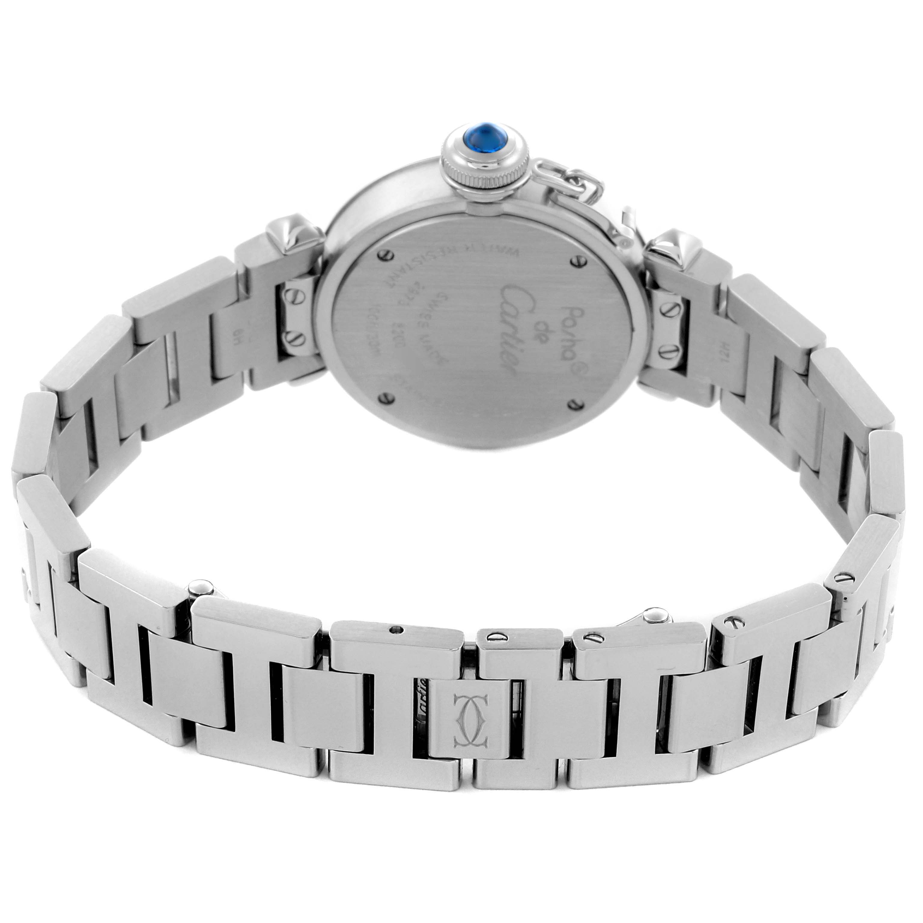 The Cartier Pasha W3140024 Women's Stainless Steel Blue Dial W3140024 Women's Stainless Steel Blue Dial watch is shown from the back, highlighting its clasp, case back, and bracelet.