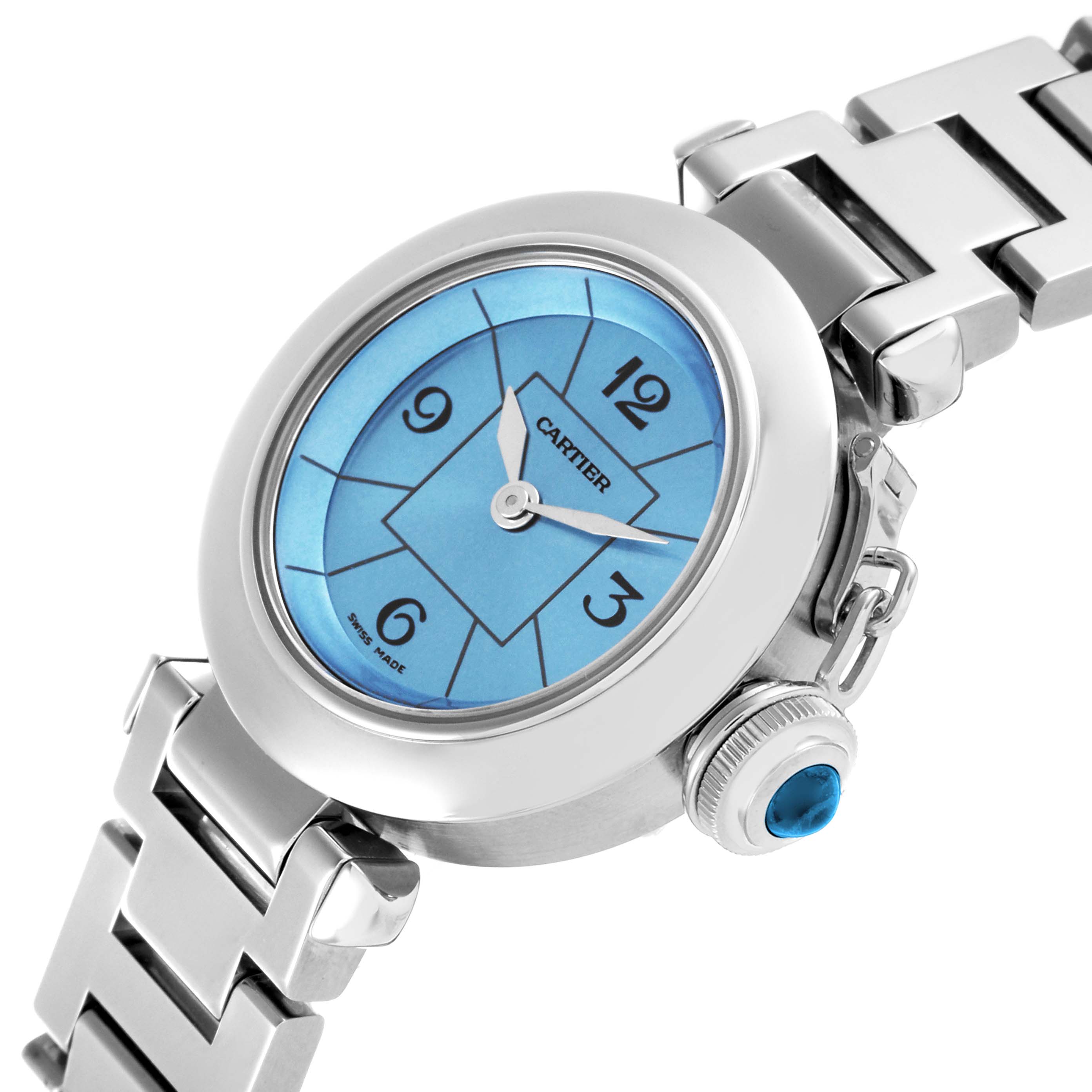 The Cartier Pasha W3140024 Women's Stainless Steel Blue Dial W3140024 Women's Stainless Steel Blue Dial watch is shown at an angled view highlighting the blue dial, crown, and part of the metal bracelet.