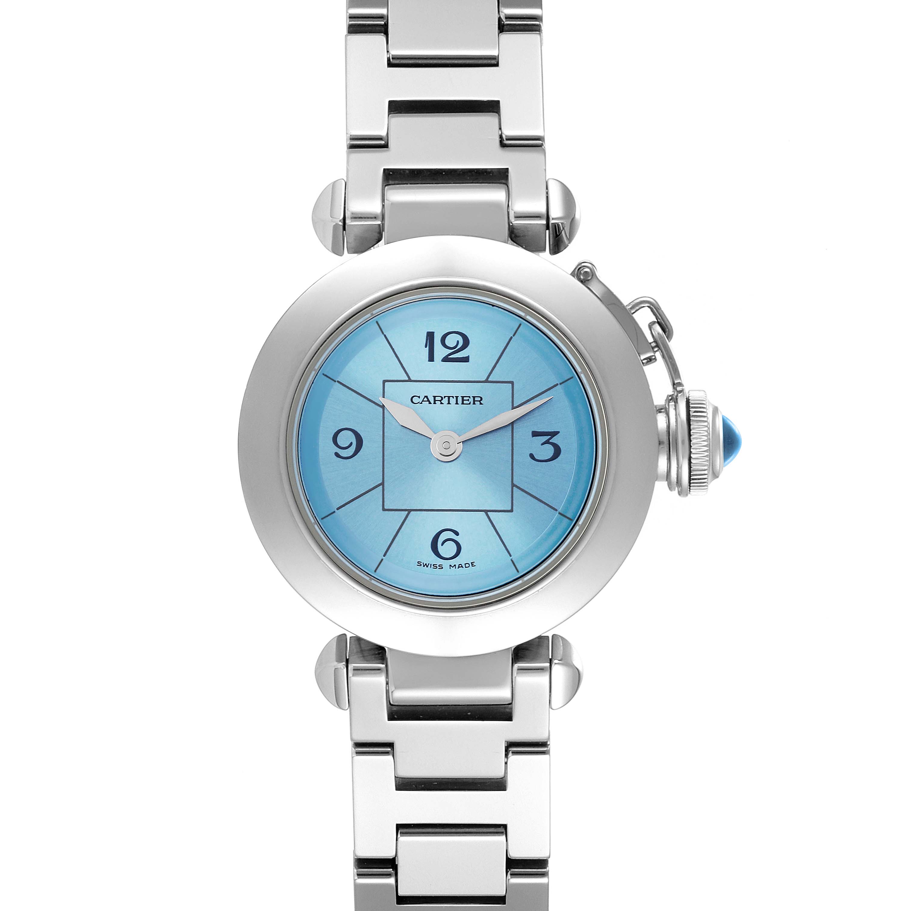 The Cartier Pasha W3140024 Women's Stainless Steel Blue Dial W3140024 Women's Stainless Steel Blue Dial watch is shown from a front angle, displaying the bracelet, dial, and crown.