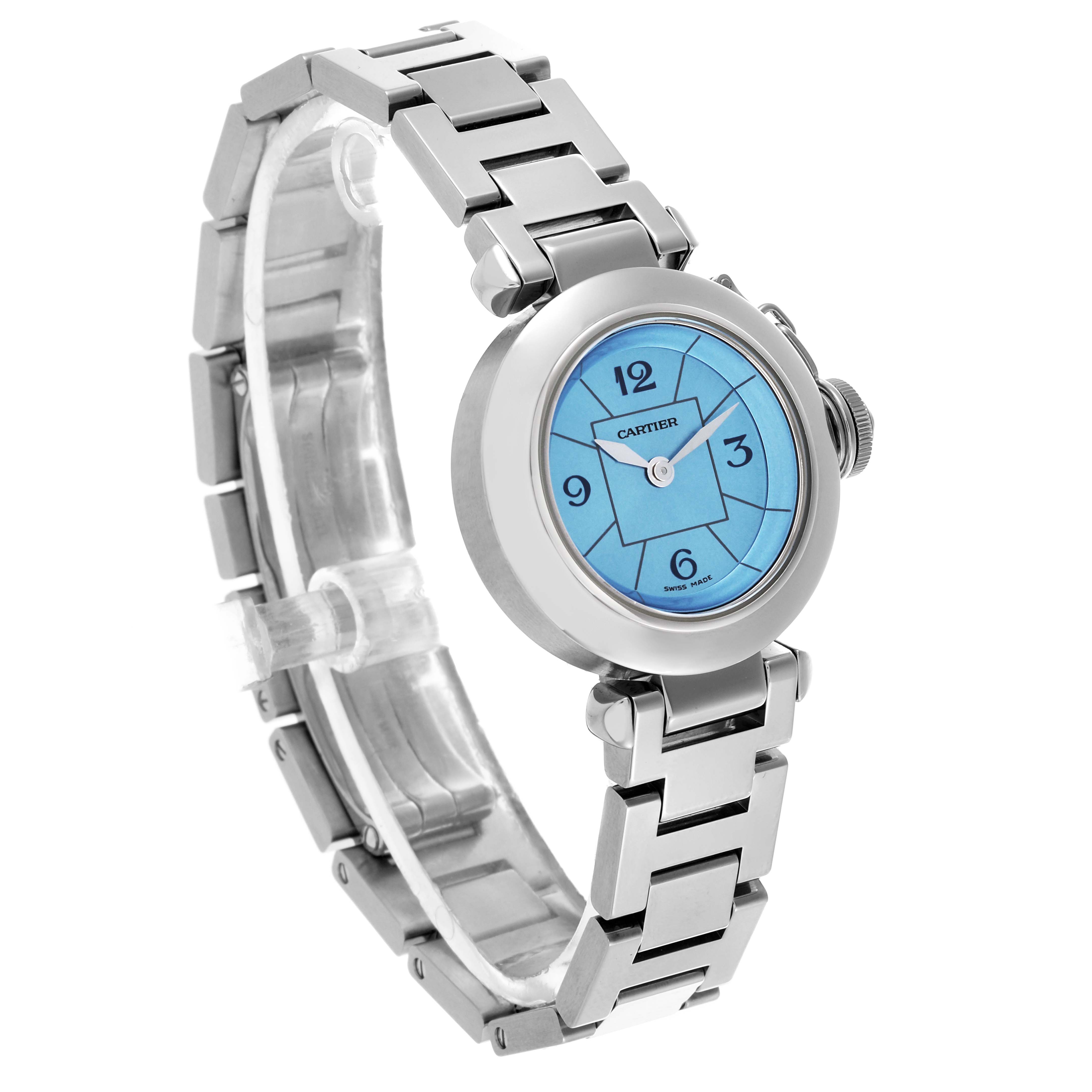 The Cartier Pasha W3140024 Women's Stainless Steel Blue Dial W3140024 Women's Stainless Steel Blue Dial watch is shown from a three-quarter angle, highlighting the face, crown, and metal bracelet.