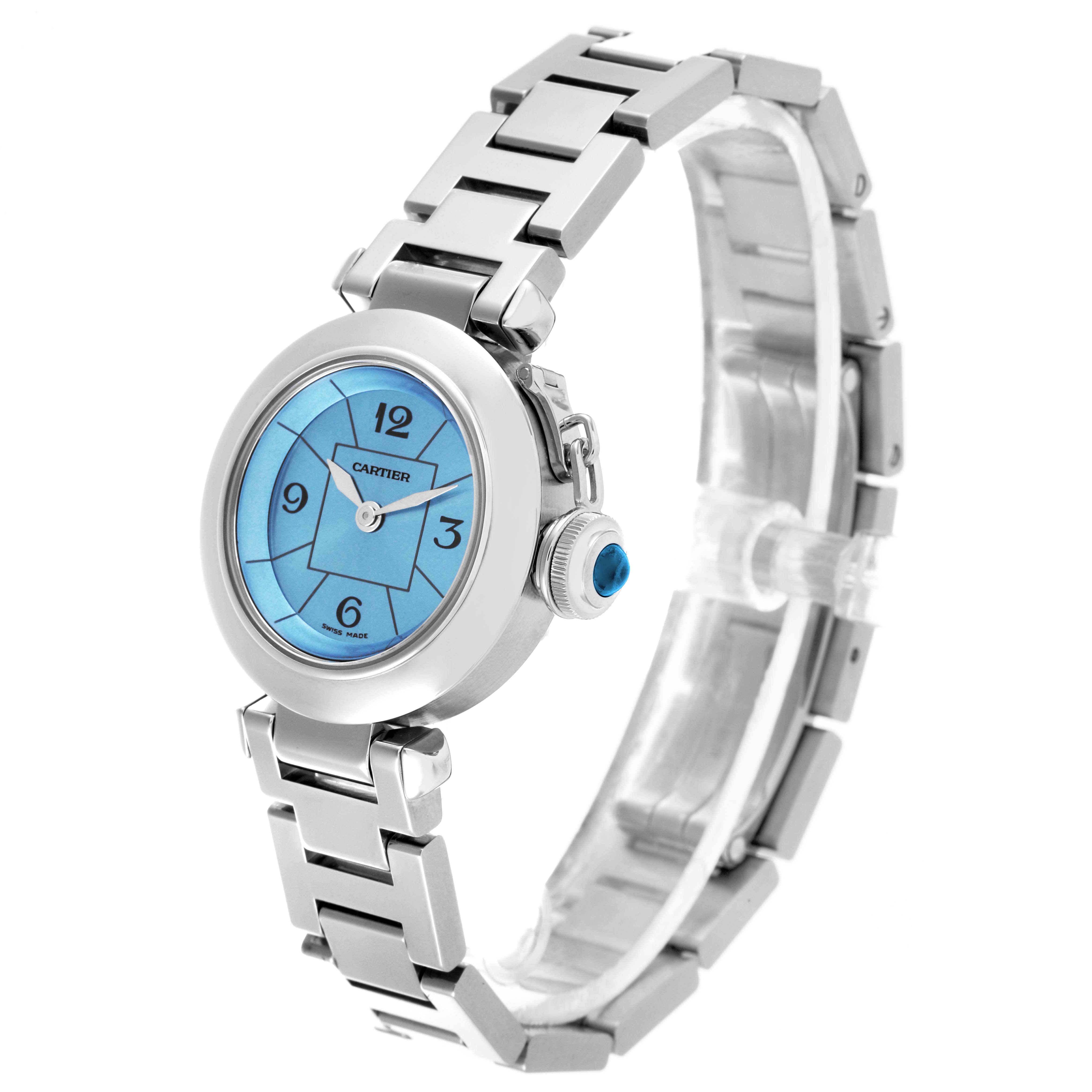 The Cartier Pasha W3140024 Women's Stainless Steel Blue Dial W3140024 Women's Stainless Steel Blue Dial watch is shown at a three-quarter angle displaying its blue dial and metal bracelet clearly.