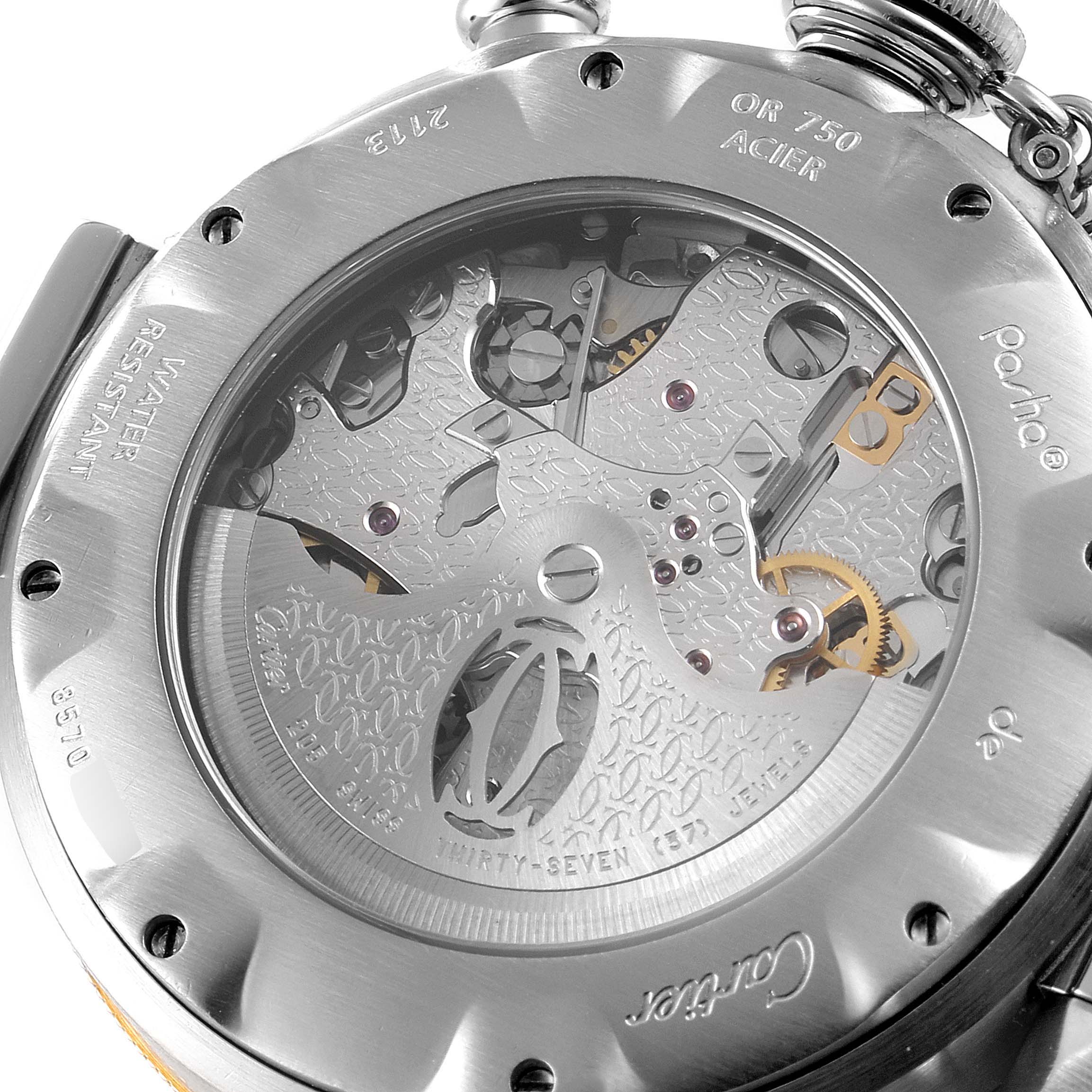 This image shows the back view of the Cartier Pasha W31036T6 Men's Steel and Gold (two tone) Silver Dial W31036T6 Men's Steel and Gold (two tone) Silver Dial watch, highlighting its movement and intricate mechanics.