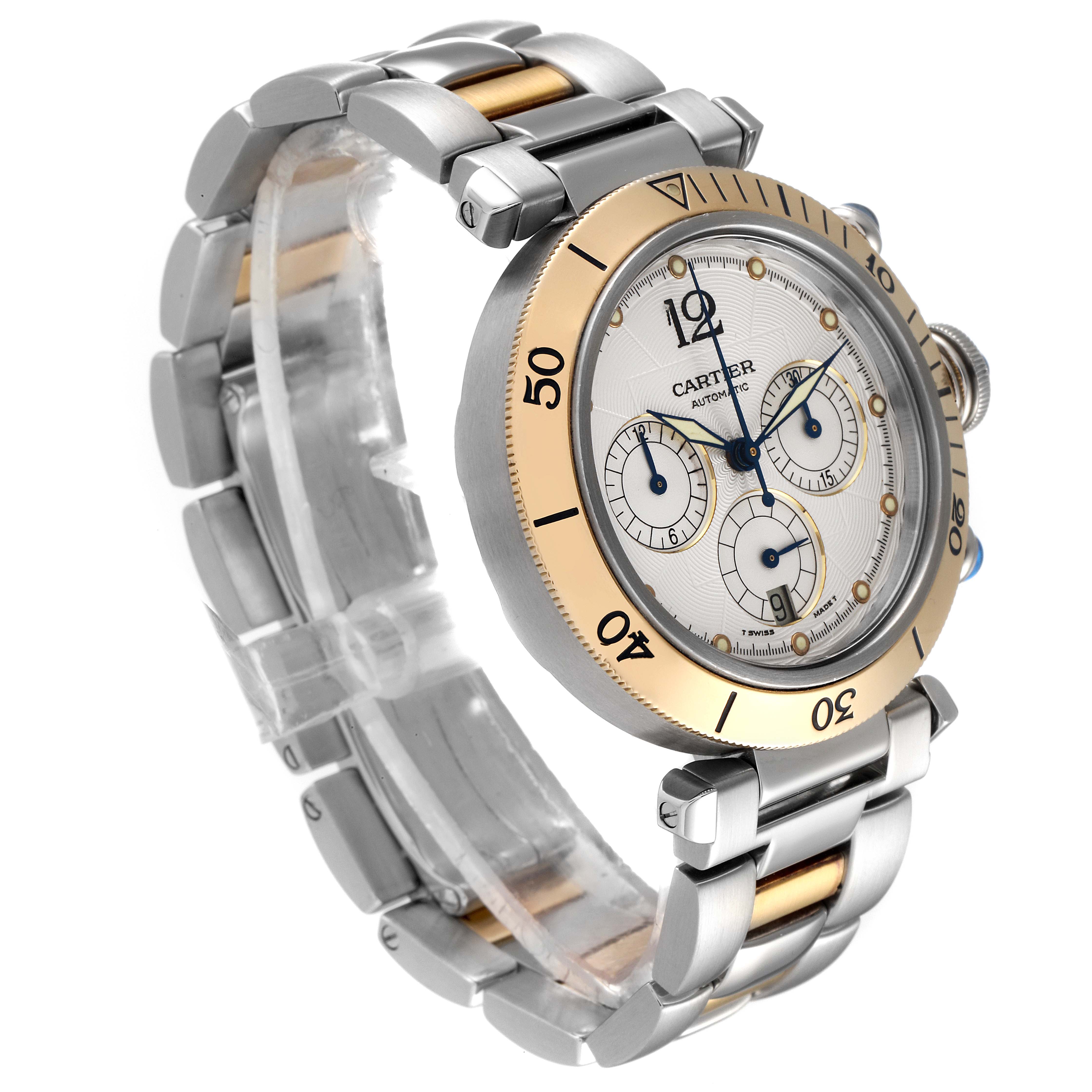 The image shows a Cartier Pasha W31036T6 Men's Steel and Gold (two tone) Silver Dial W31036T6 Men's Steel and Gold (two tone) Silver Dial watch at a three-quarter angle, highlighting its bezel, dial, crown, and bracelet.