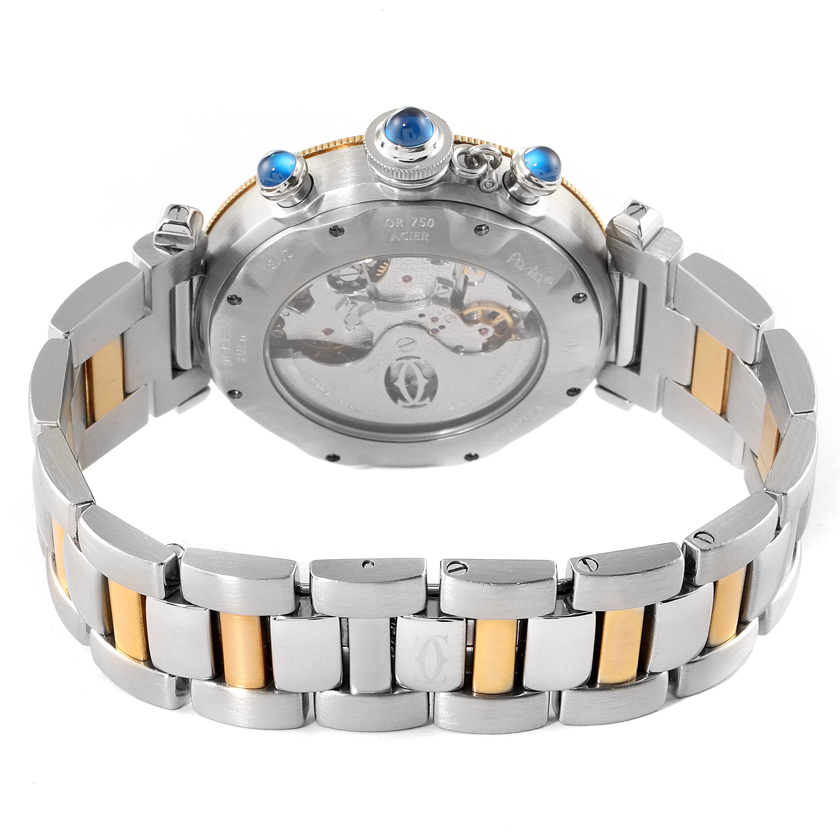 The image shows the back case and linked bracelet of a Cartier Pasha W31036T6 Men's Steel and Gold (two tone) Silver Dial W31036T6 Men's Steel and Gold (two tone) Silver Dial watch, highlighting its mechanisms and two-tone metal finish.
