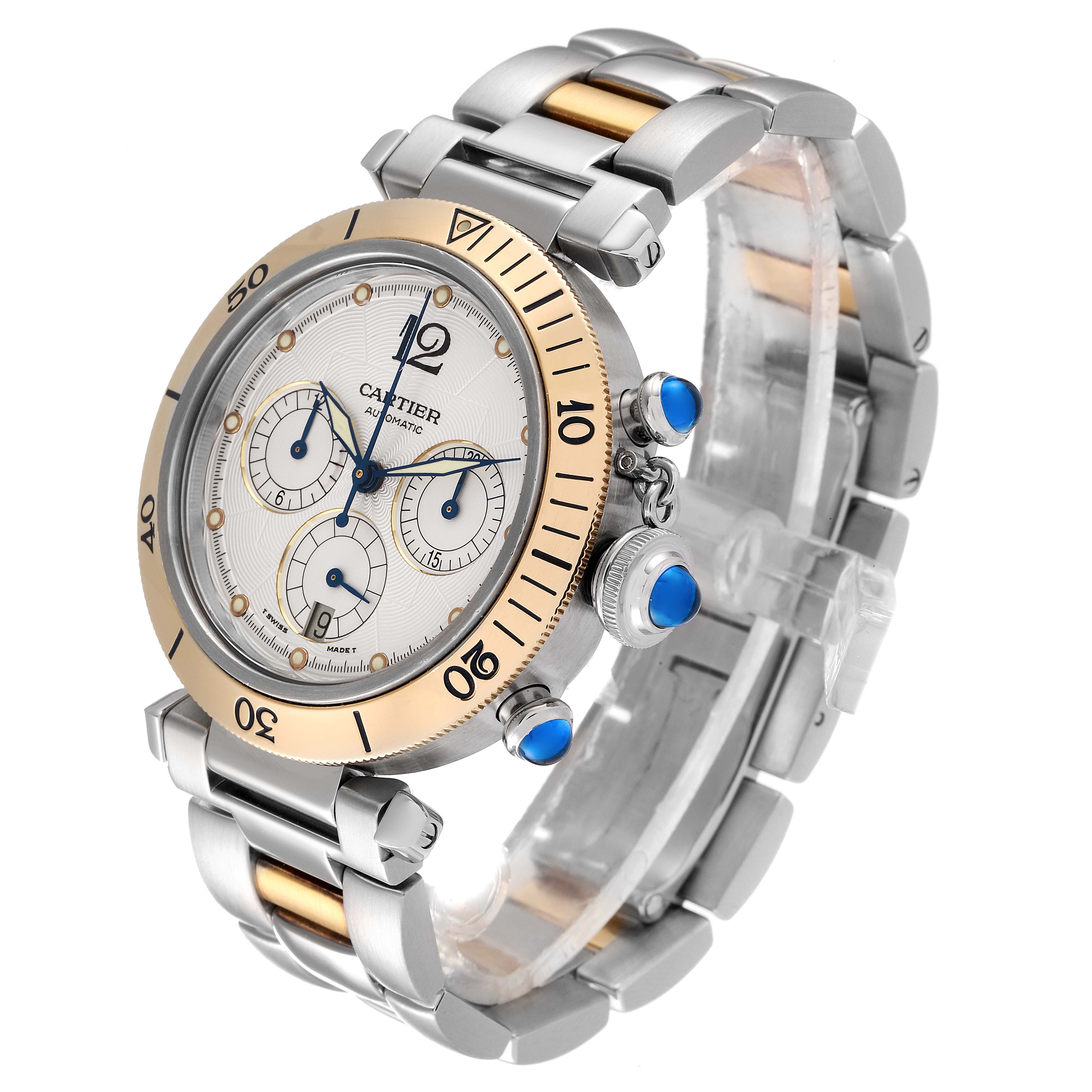 The Cartier Pasha W31036T6 Men's Steel and Gold (two tone) Silver Dial W31036T6 Men's Steel and Gold (two tone) Silver Dial watch is shown at an oblique angle, highlighting its face, bezel, and bracelet with blue accents.