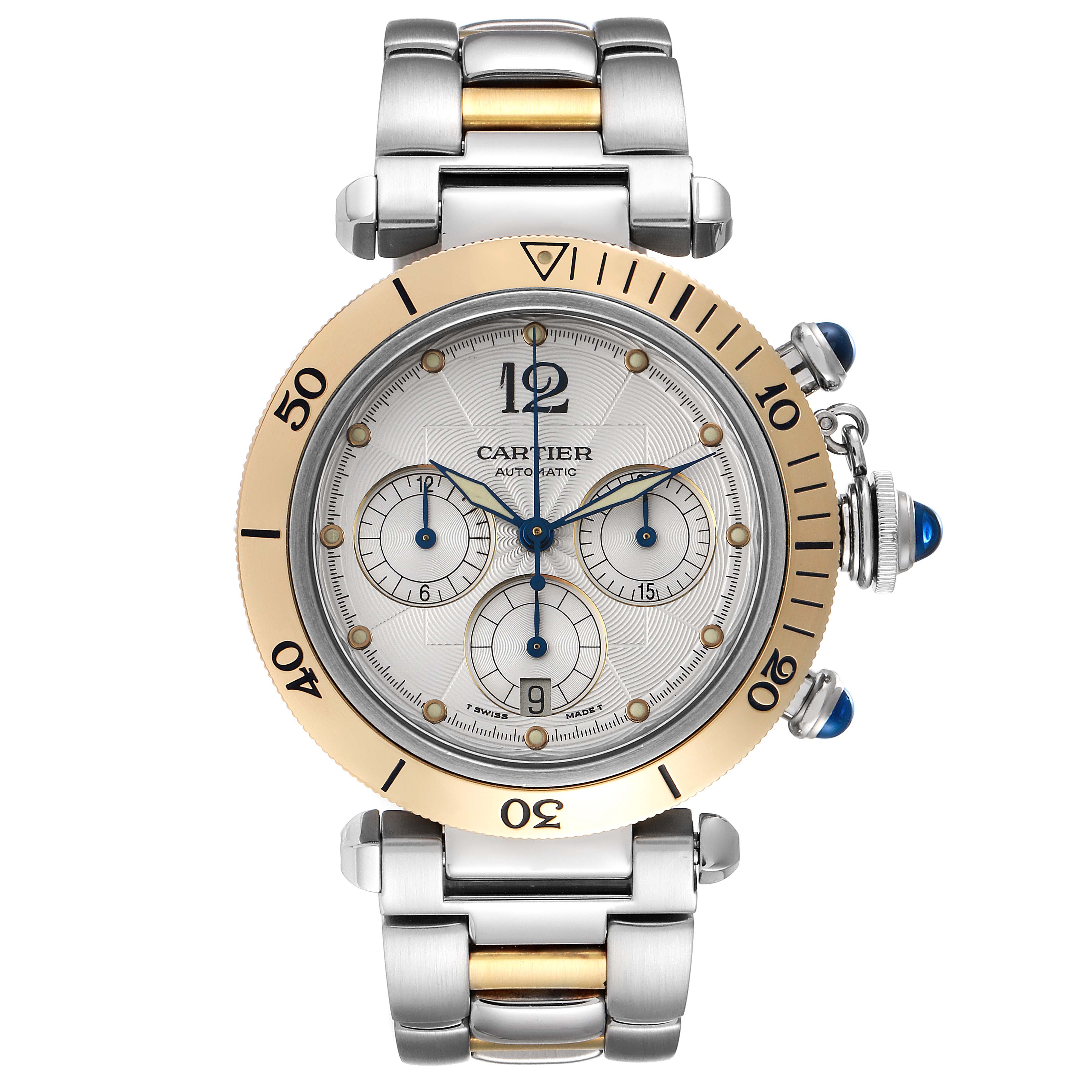 The image shows a Cartier Pasha W31036T6 Men's Steel and Gold (two tone) Silver Dial W31036T6 Men's Steel and Gold (two tone) Silver Dial model watch from a top view, highlighting its face, bezel, and bracelet.