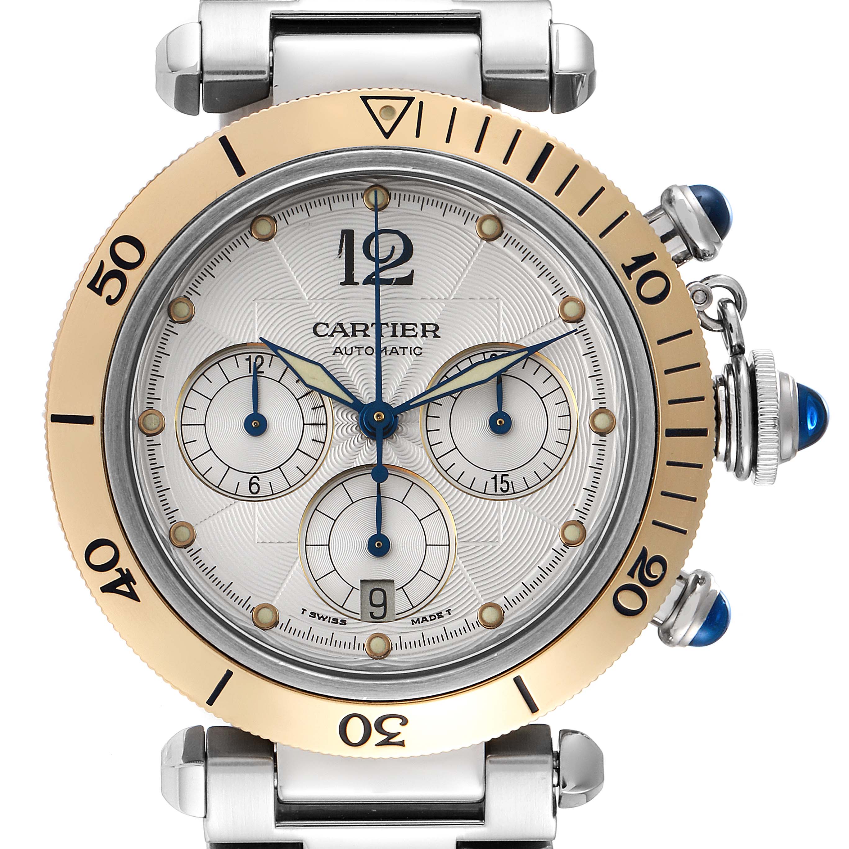 This image shows a frontal view of a Cartier Pasha W31036T6 Men's Steel and Gold (two tone) Silver Dial W31036T6 Men's Steel and Gold (two tone) Silver Dial watch, highlighting the dial, chronograph subdials, bezel, and crown.