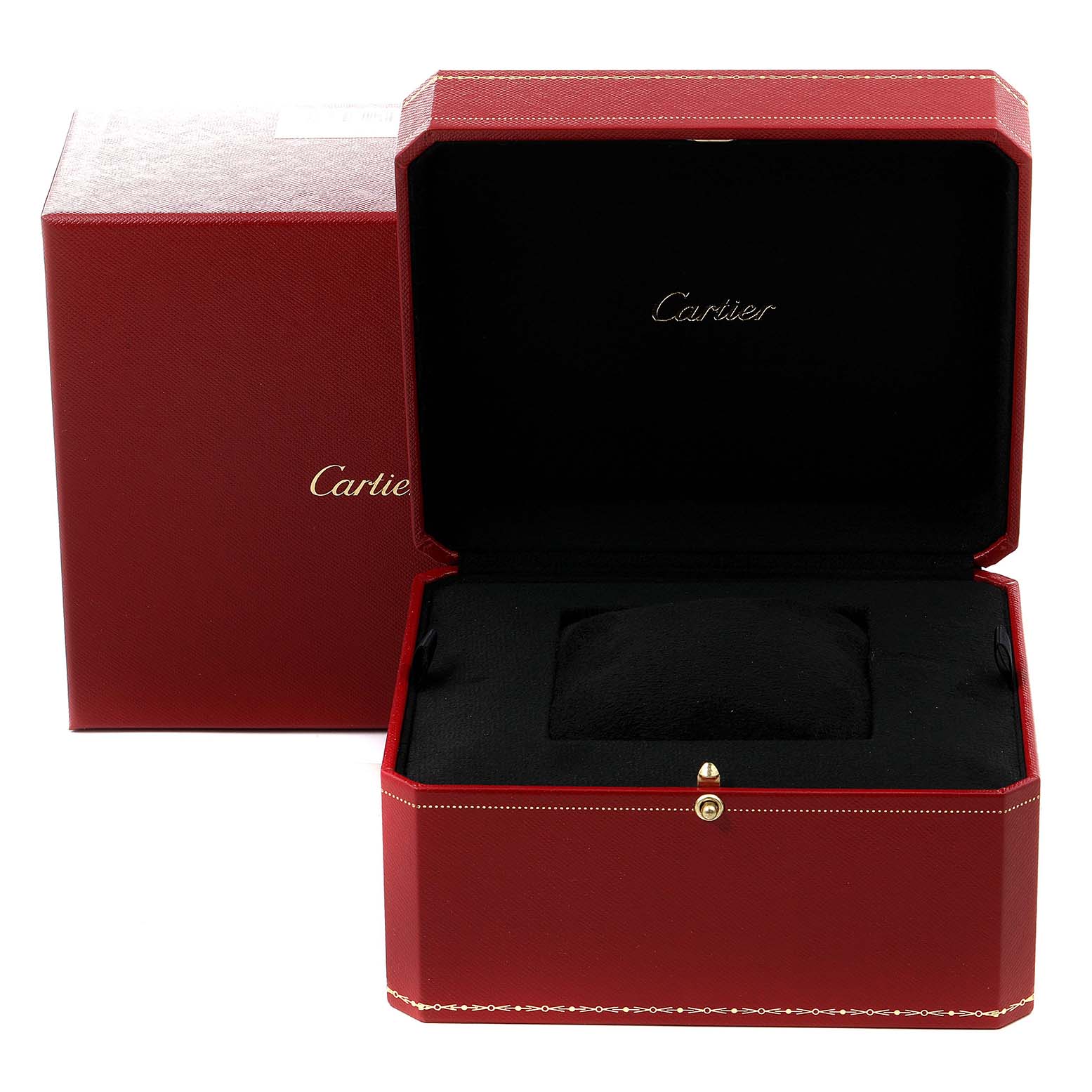 The image shows an open Cartier Pasha W31080M7 Men
s Stainless Steel Silver Dial W31080M7 Men
s Stainless Steel Silver Dial watch box in red with a black interior.