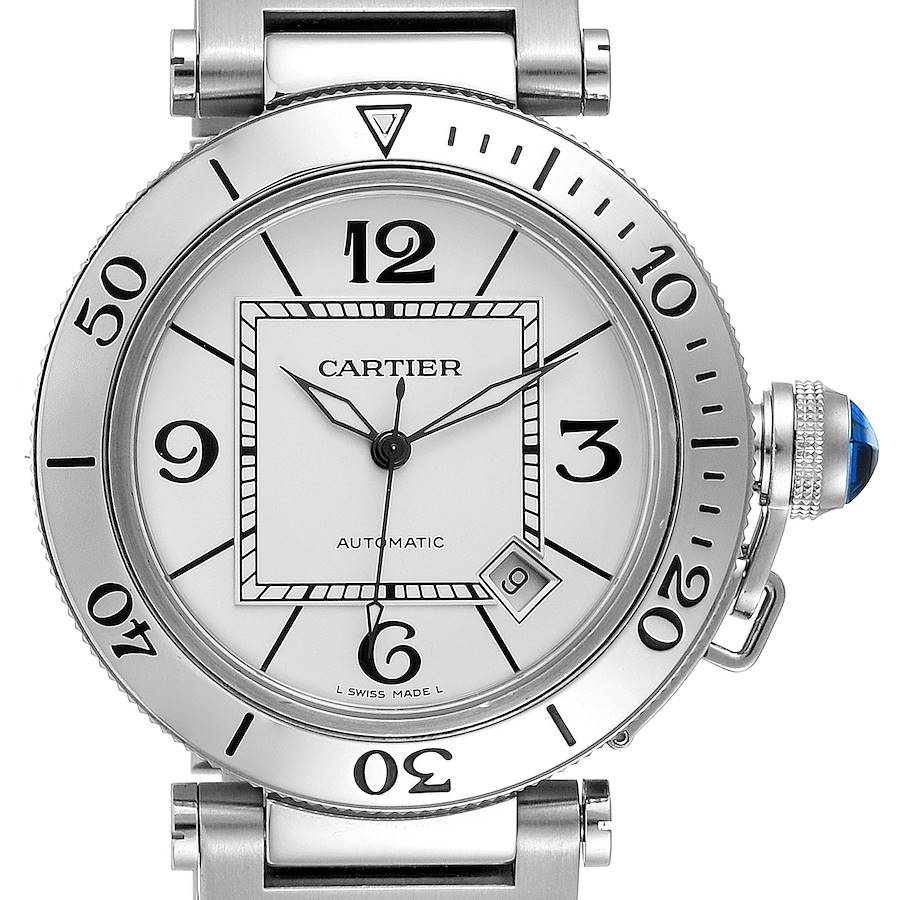 Cartier Pasha Seatimer Stainless Steel Silver Dial Mens Watch W31080M7 Box SwissWatchExpo