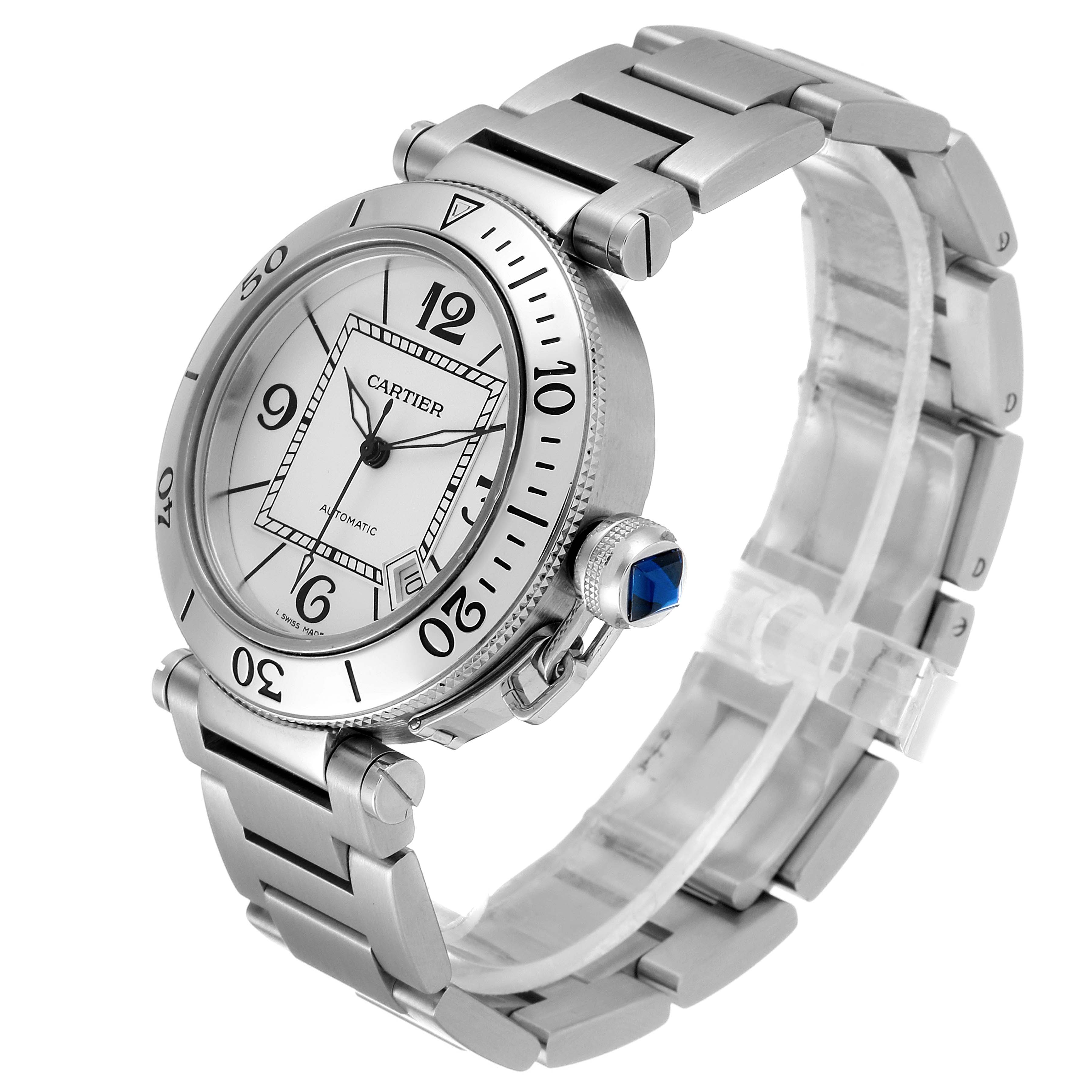 The image shows a side angle of a Cartier Pasha W31080M7 Men
s Stainless Steel Silver Dial W31080M7 Men
s Stainless Steel Silver Dial watch, highlighting the dial, bezel, bracelet, and crown.