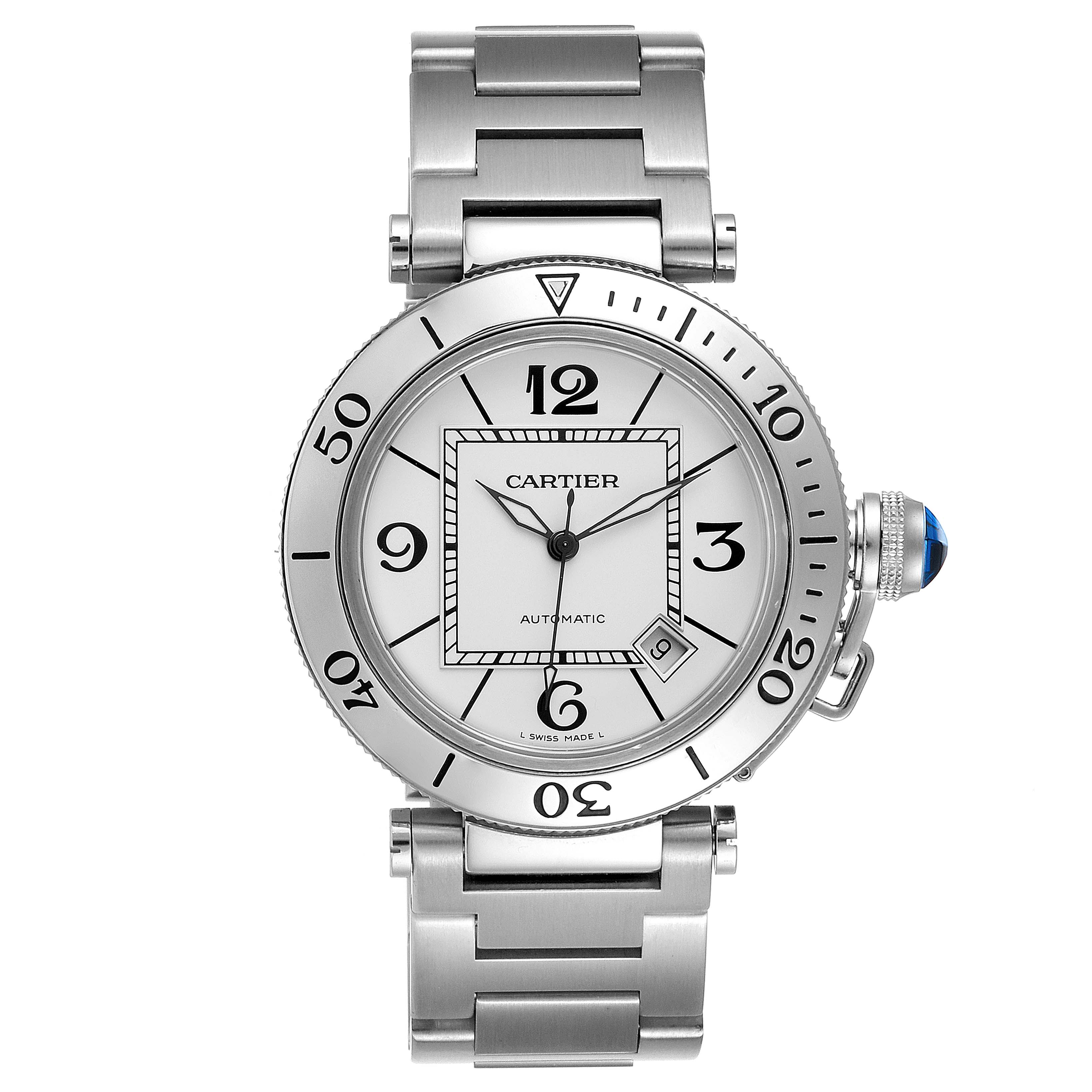 This image displays a full frontal view of the Cartier Pasha W31080M7 Men
s Stainless Steel Silver Dial W31080M7 Men
s Stainless Steel Silver Dial watch, highlighting its dial, bezel, bracelet, and blue cabochon crown.