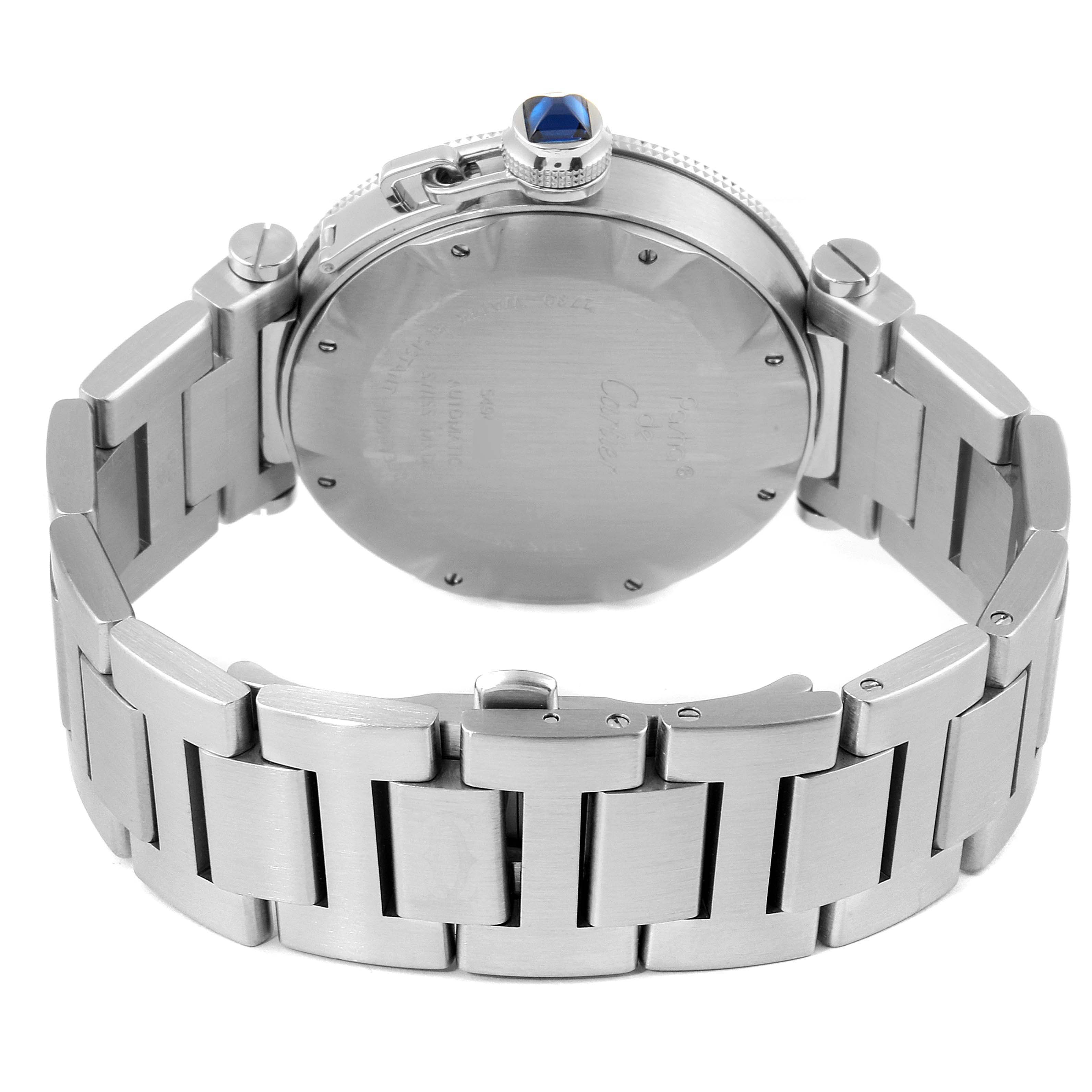 The image shows the back of a Cartier Pasha W31080M7 Men
s Stainless Steel Silver Dial W31080M7 Men
s Stainless Steel Silver Dial watch, including the bracelet and caseback.