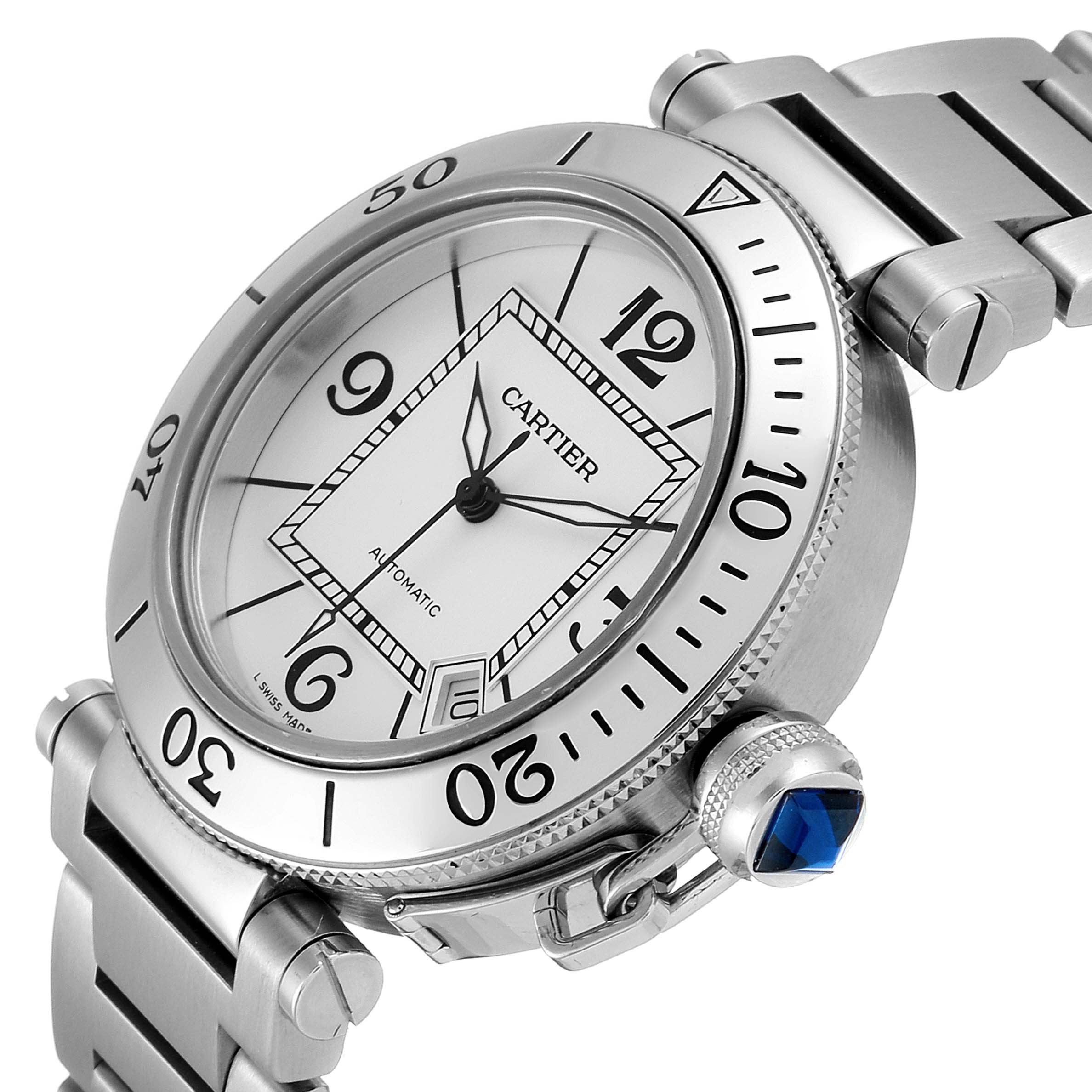 The image shows a close-up angle of the Cartier Pasha W31080M7 Men
s Stainless Steel Silver Dial W31080M7 Men
s Stainless Steel Silver Dial watch, highlighting its dial, bezel, crown, and part of the bracelet.