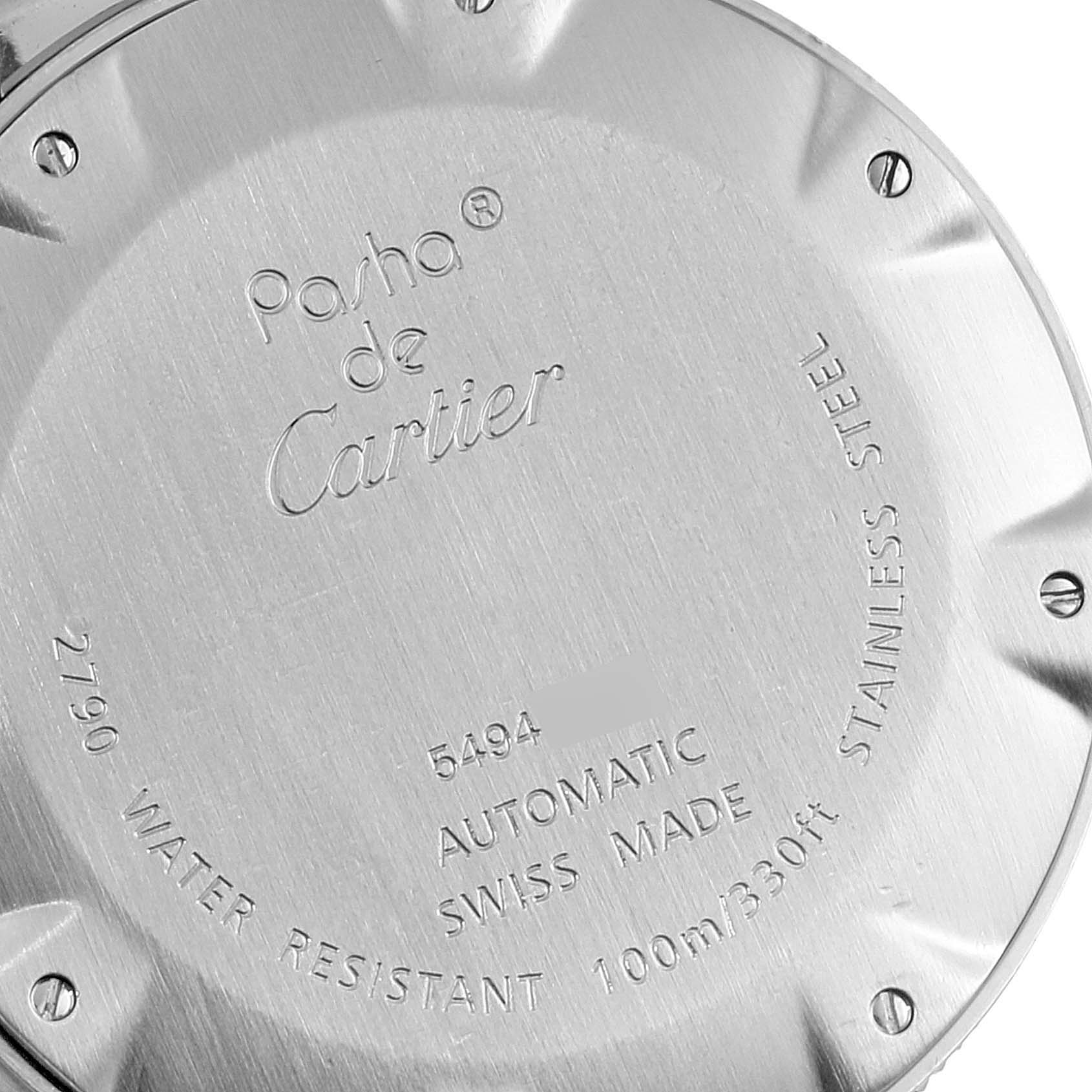 The image shows the back case of a Cartier Pasha W31080M7 Men
s Stainless Steel Silver Dial W31080M7 Men
s Stainless Steel Silver Dial watch, featuring engraved details and screw accents.