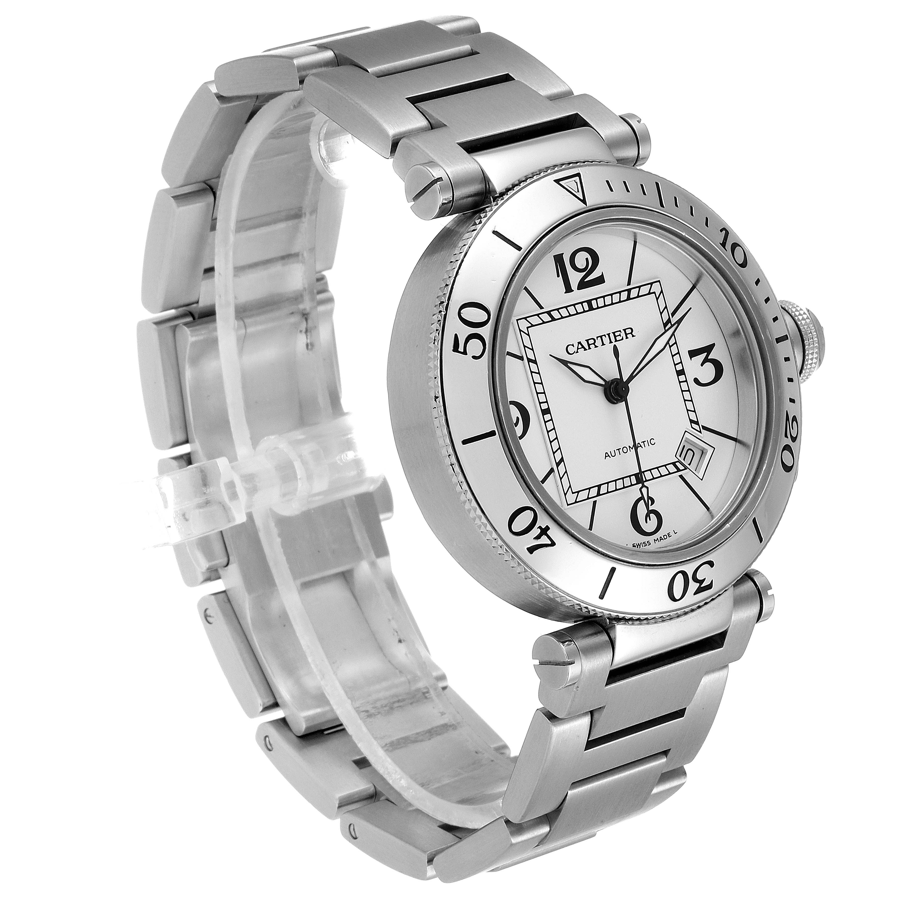 This image shows a Cartier Pasha W31080M7 Men
s Stainless Steel Silver Dial W31080M7 Men
s Stainless Steel Silver Dial watch angled to display the face, bezel, and metal bracelet.
