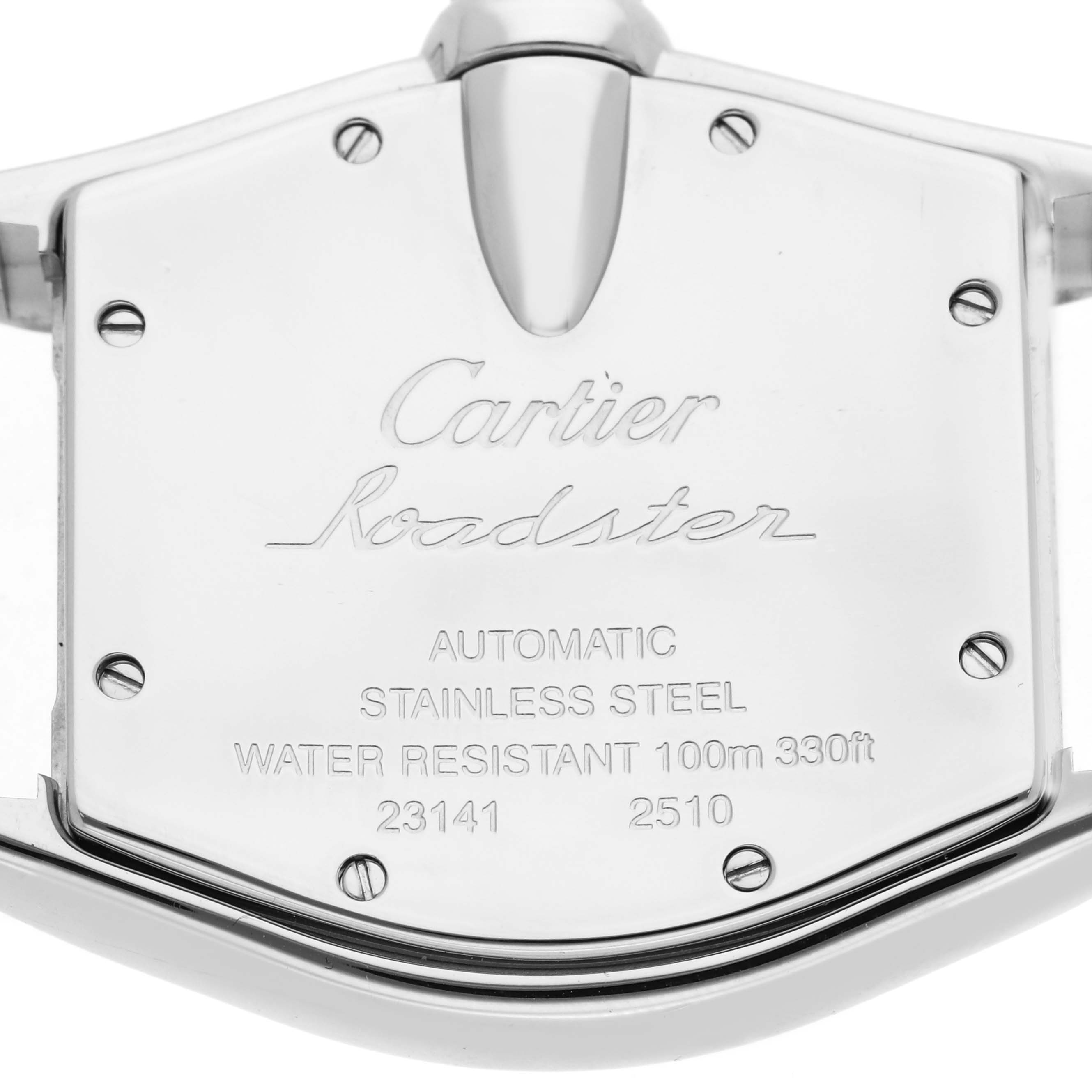 The image shows the back case of a Cartier Roadster W62025V3 Men's Stainless Steel Silver Dial W62025V3 Men's Stainless Steel Silver Dial watch with engraved details.