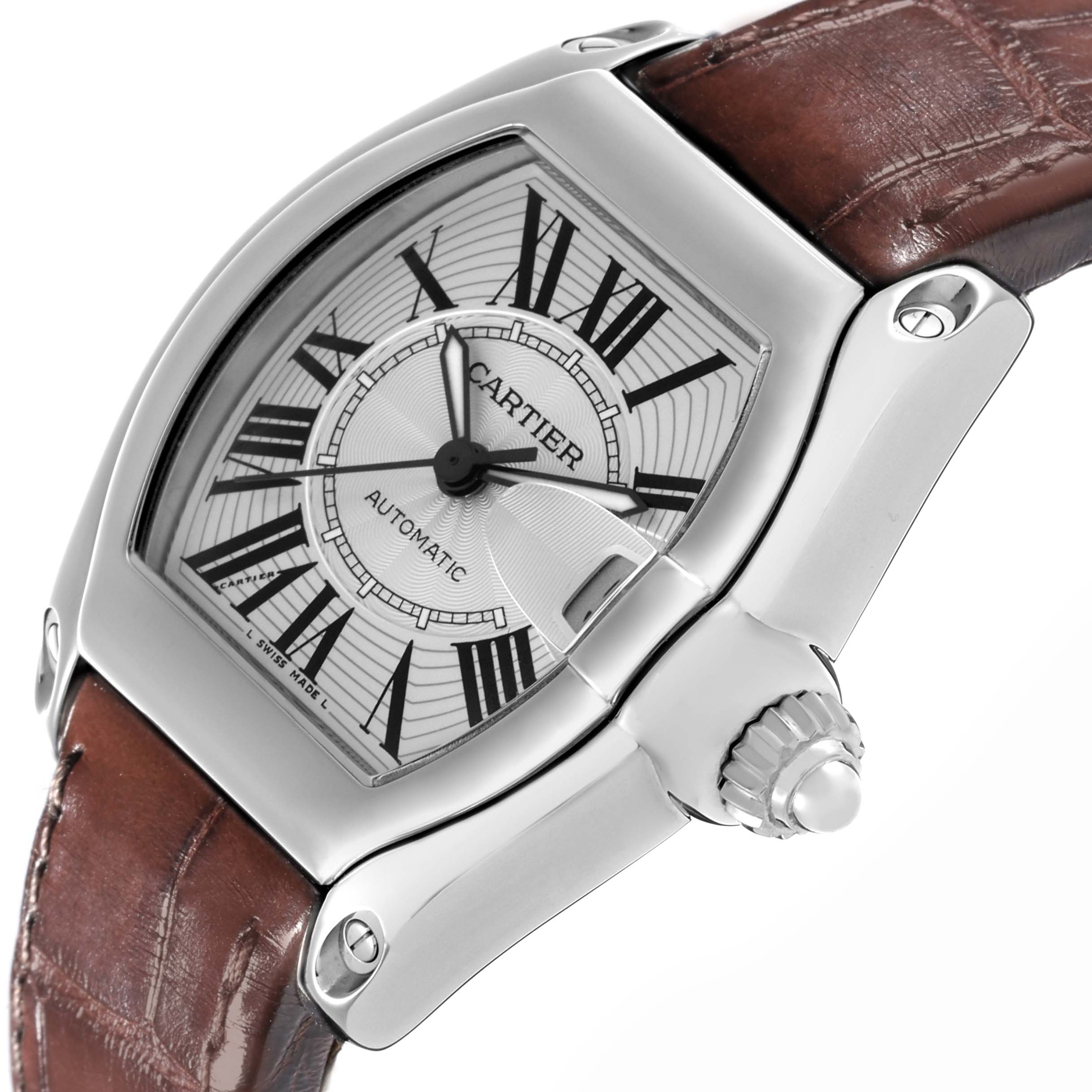 The Cartier Roadster W62025V3 Men's Stainless Steel Silver Dial W62025V3 Men's Stainless Steel Silver Dial watch is shown at an angled side view, highlighting the dial, bezel, crown, and leather strap.