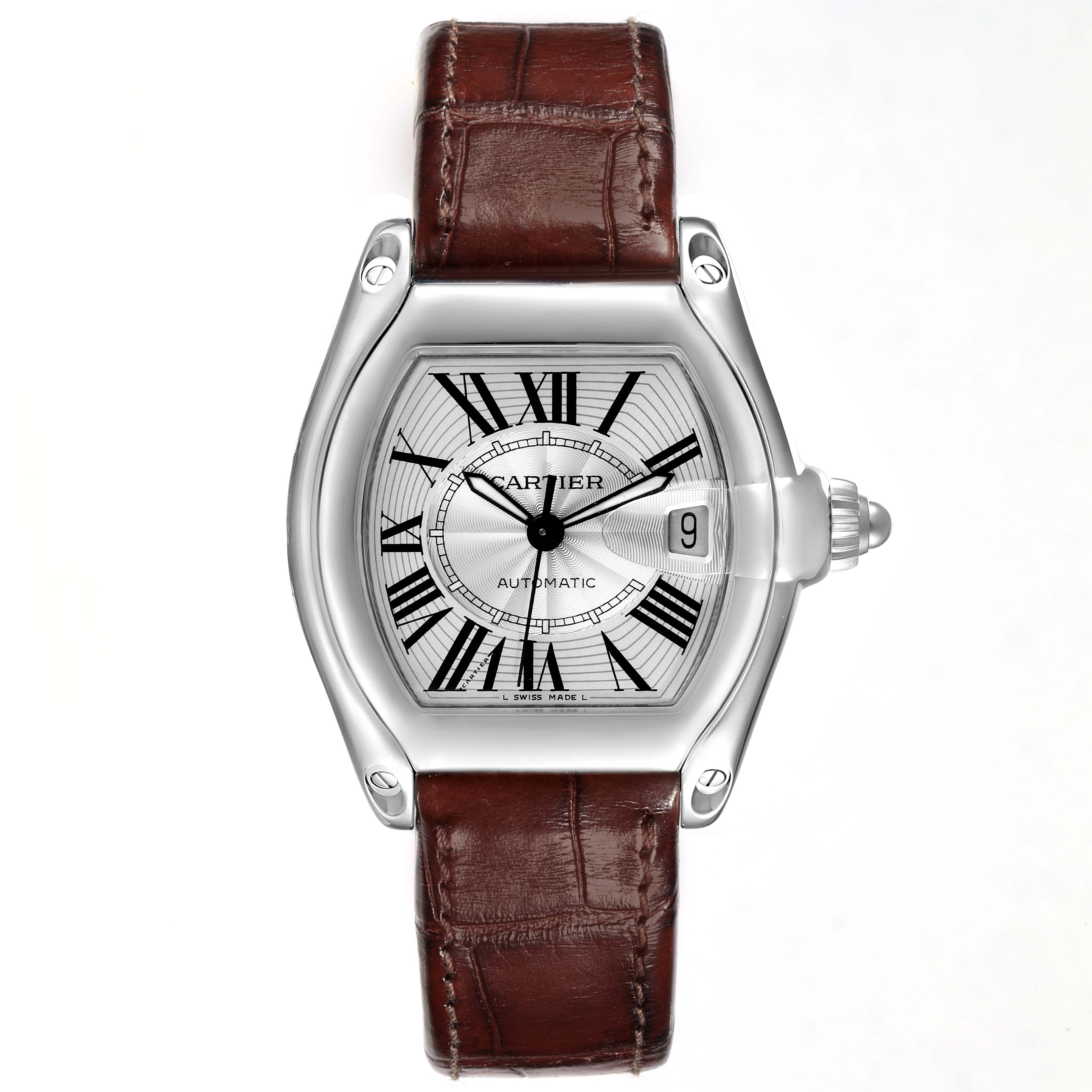 The image shows a frontal view of a Cartier Roadster W62025V3 Men's Stainless Steel Silver Dial W62025V3 Men's Stainless Steel Silver Dial watch, highlighting its dial, case, and brown leather strap.