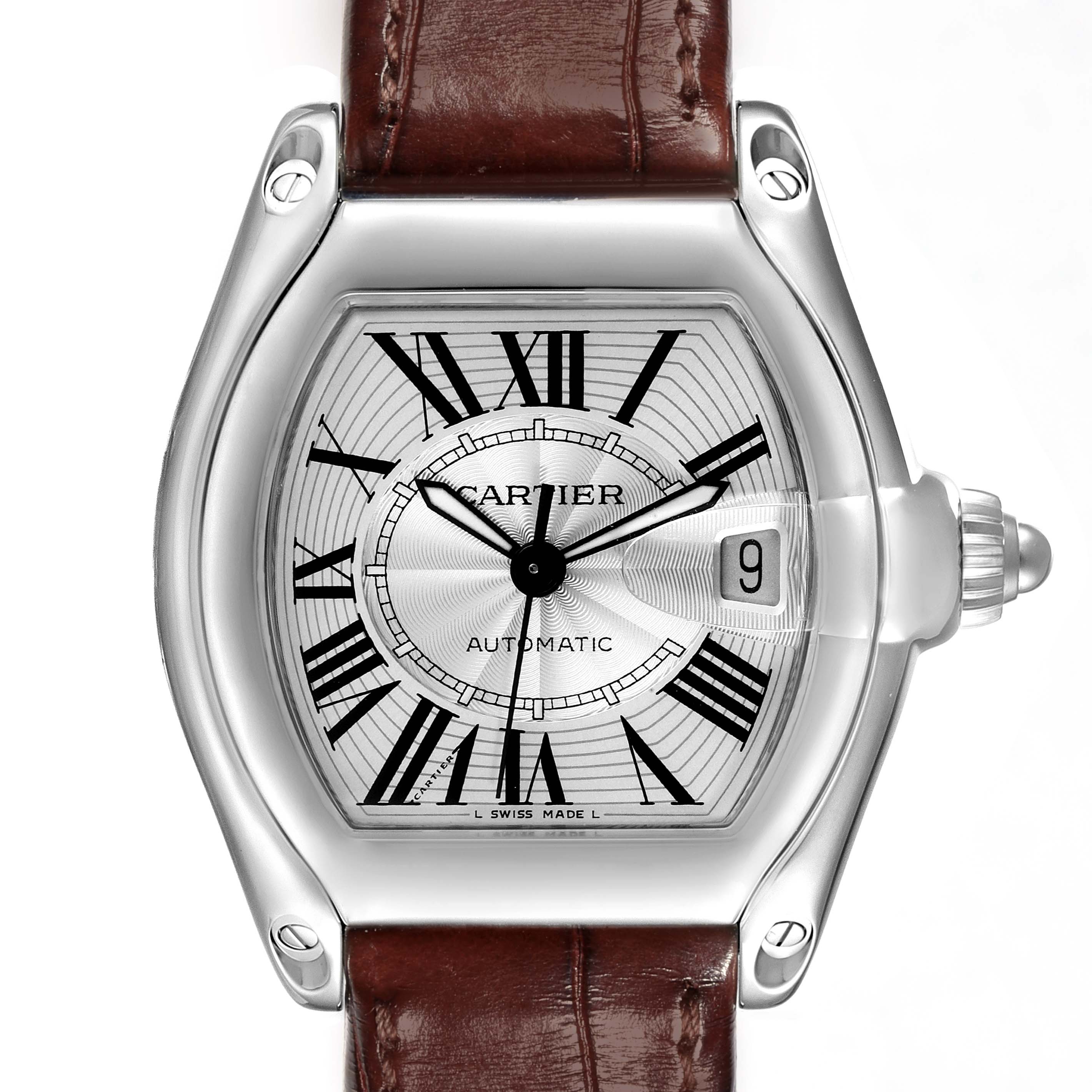 The Cartier Roadster W62025V3 Men's Stainless Steel Silver Dial W62025V3 Men's Stainless Steel Silver Dial watch is shown from a front angle, displaying the dial, case, crown, and part of the leather strap.