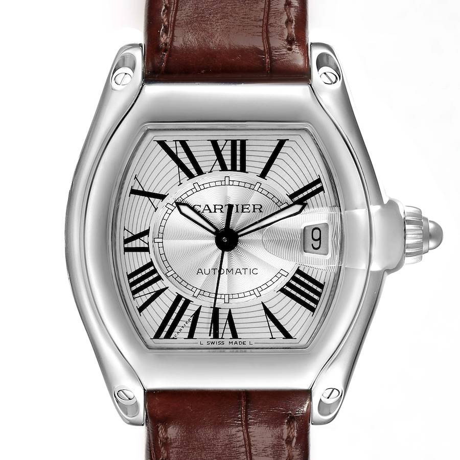 The Cartier Roadster watch is shown from a front angle, displaying the dial, case, crown, and part of the leather strap.