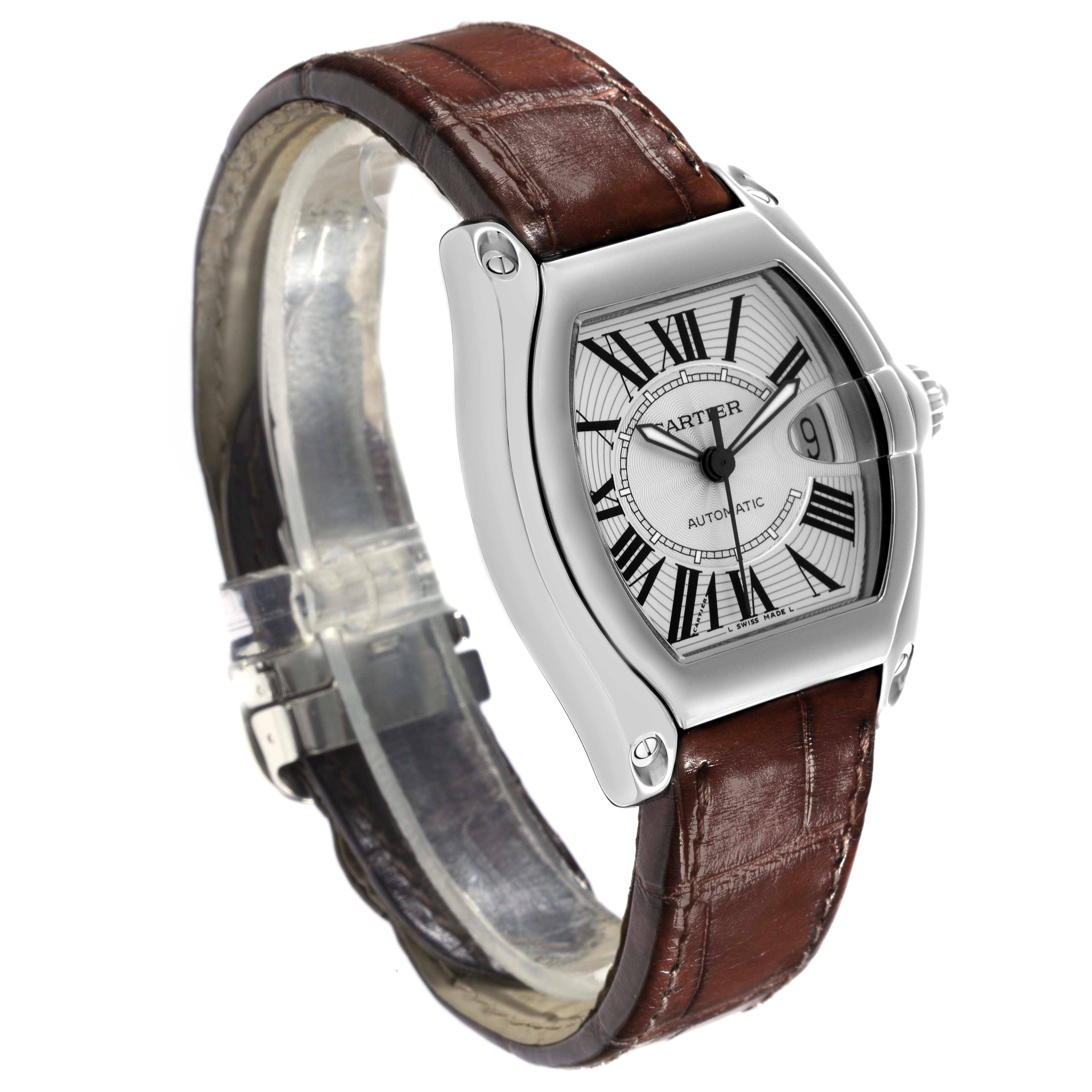 The Cartier Roadster W62025V3 Men's Stainless Steel Silver Dial W62025V3 Men's Stainless Steel Silver Dial watch is shown at a three-quarter angle, highlighting its face and brown leather strap.