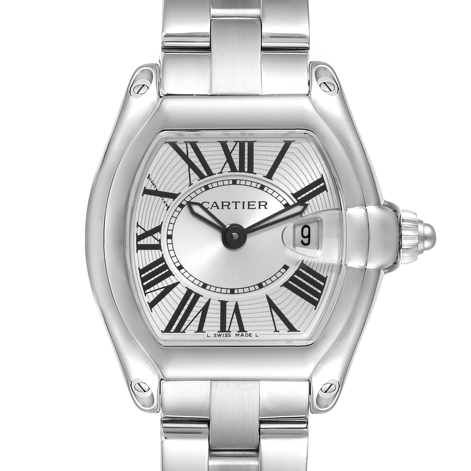 The image shows a front view of the Cartier Roadster W62016V3 Women's Stainless Steel Silver Dial W62016V3 Women's Stainless Steel Silver Dial watch, highlighting its face, bezel, and stainless steel bracelet.