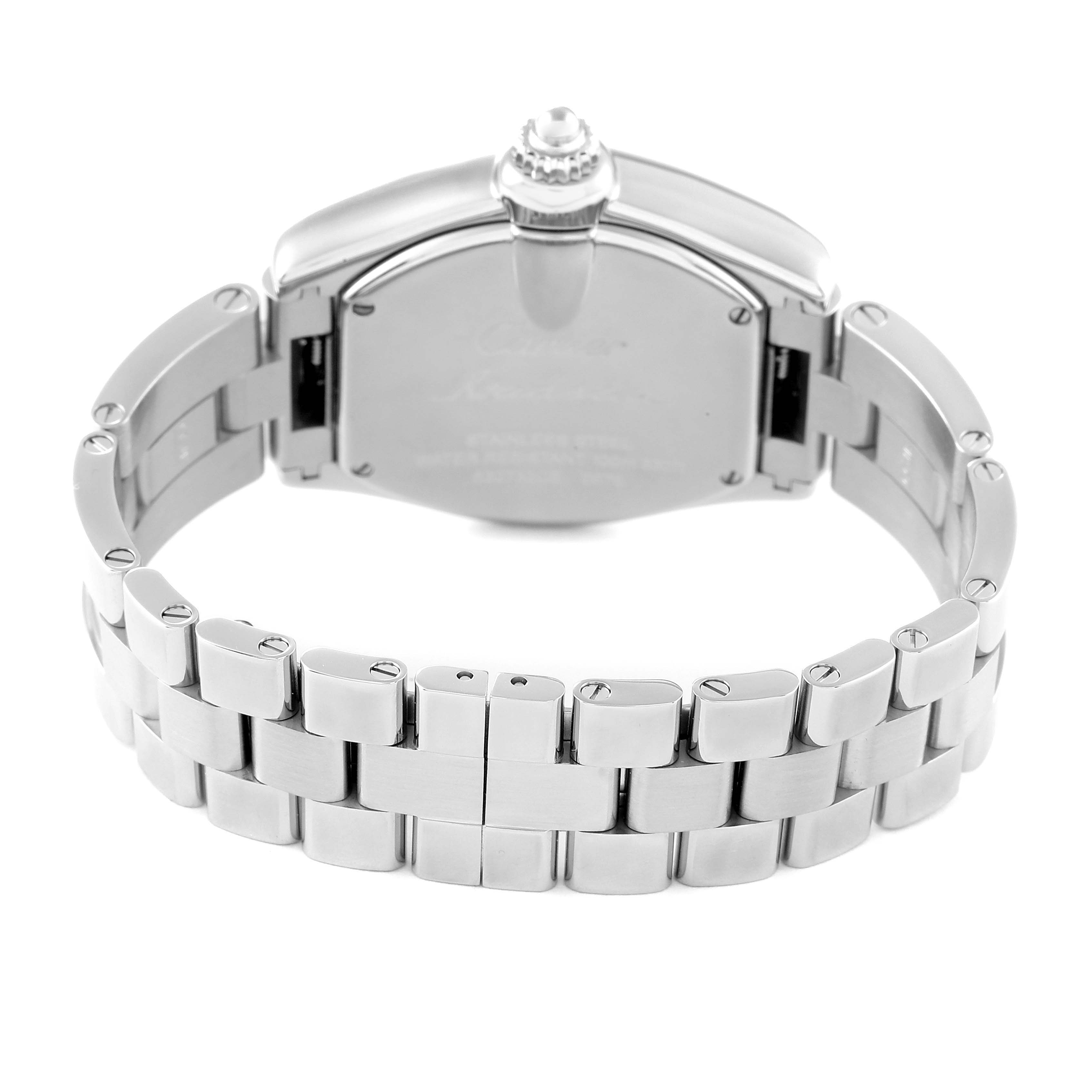 The image shows the back view of the Cartier Roadster W62016V3 Women's Stainless Steel Silver Dial W62016V3 Women's Stainless Steel Silver Dial watch, displaying its stainless steel bracelet and case back.