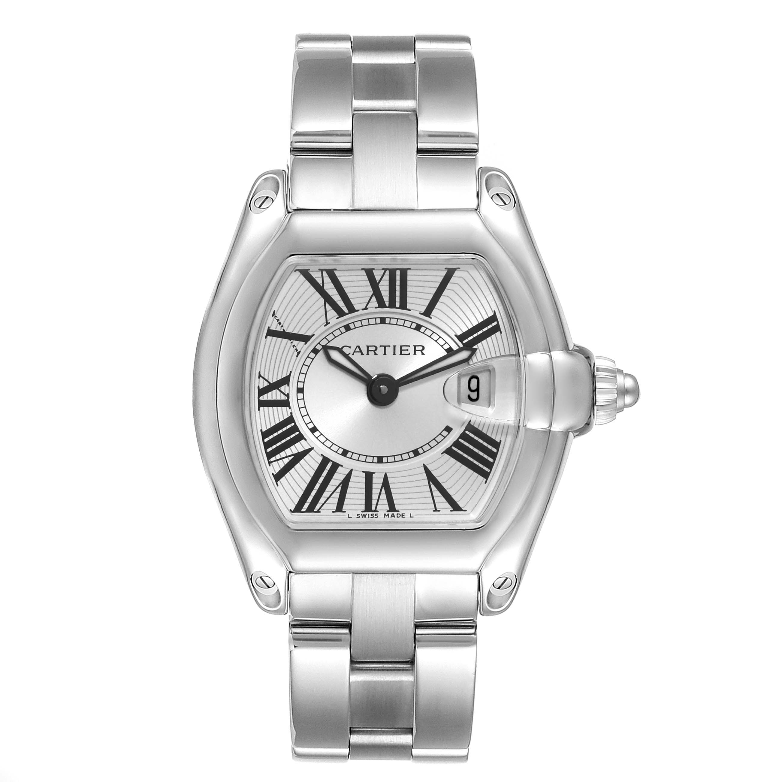This image shows a front view of the Cartier Roadster W62016V3 Women's Stainless Steel Silver Dial W62016V3 Women's Stainless Steel Silver Dial watch displaying the face, dial, and bracelet.