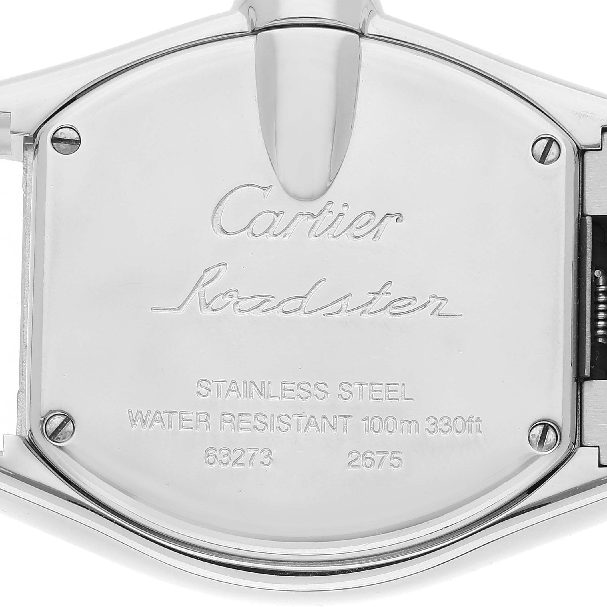 The image shows the back case of a Cartier Roadster W62016V3 Women's Stainless Steel Silver Dial W62016V3 Women's Stainless Steel Silver Dial watch, displaying engravings and details about the model.