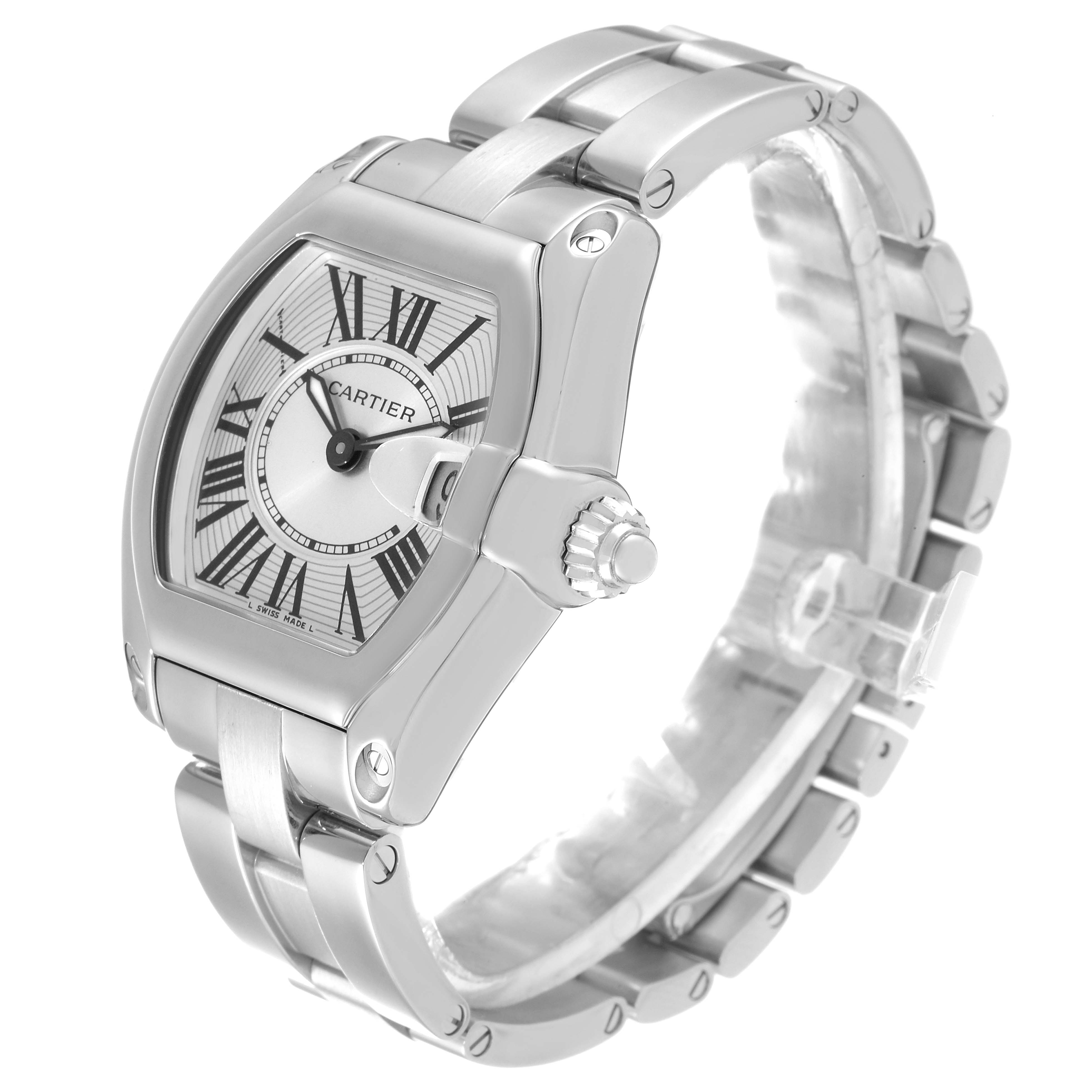 The image shows a side-angle view of the Cartier Roadster W62016V3 Women's Stainless Steel Silver Dial W62016V3 Women's Stainless Steel Silver Dial watch, highlighting the face, crown, and stainless steel bracelet.