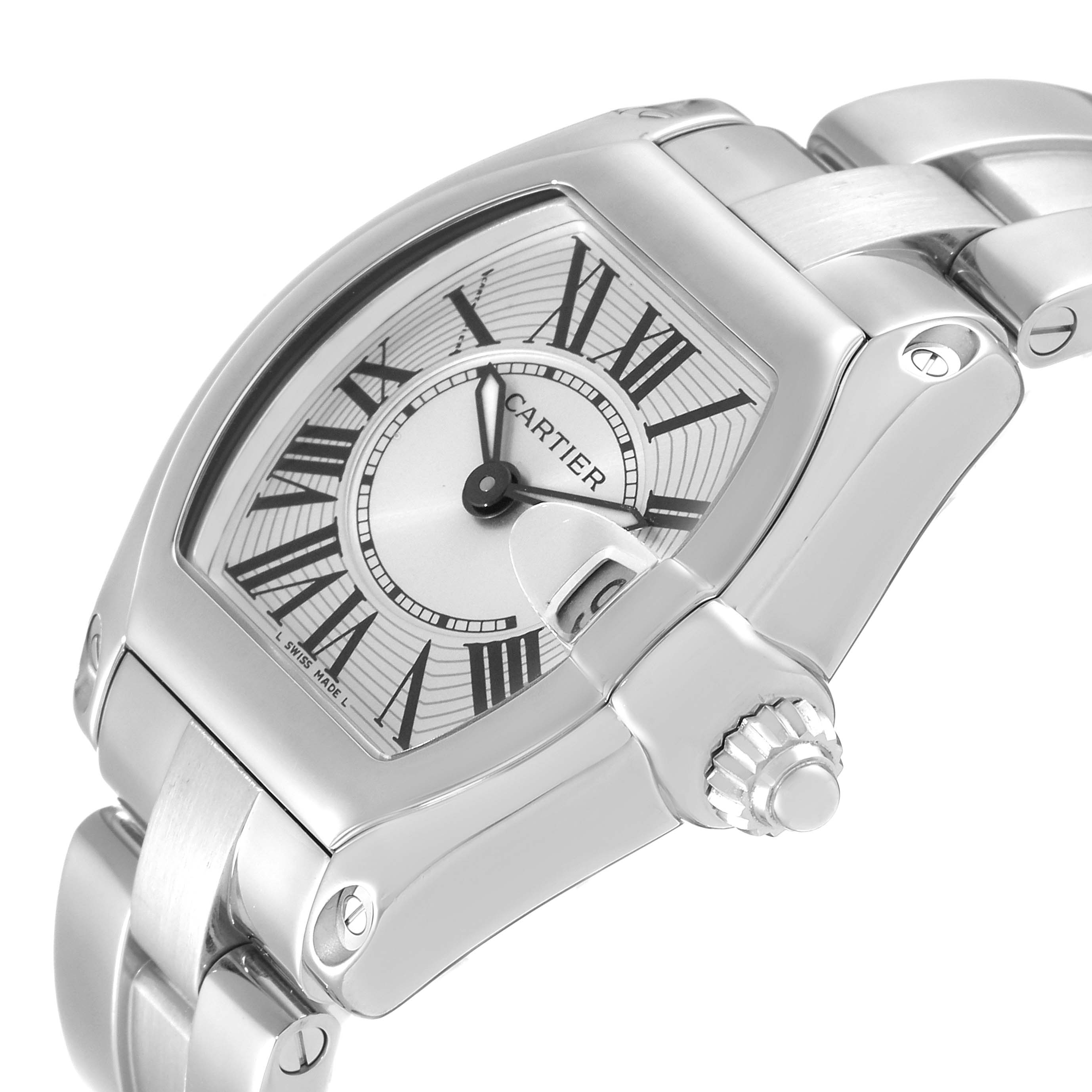 The image shows a close-up of the face and band of a Cartier Roadster W62016V3 Women's Stainless Steel Silver Dial W62016V3 Women's Stainless Steel Silver Dial watch, highlighting its silver case, Roman numerals, and crown.