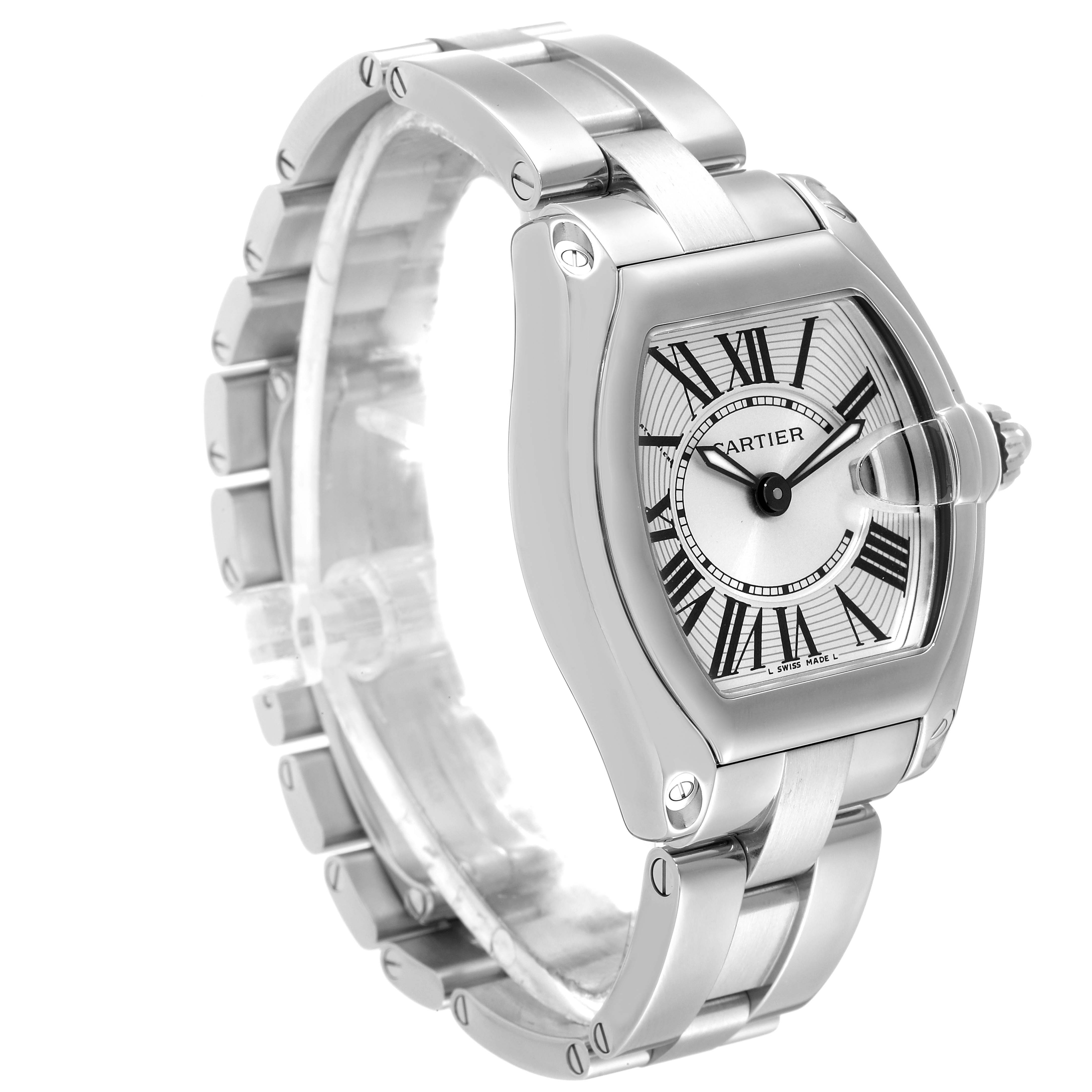 The Cartier Roadster W62016V3 Women's Stainless Steel Silver Dial W62016V3 Women's Stainless Steel Silver Dial watch is shown at an oblique angle highlighting the face, crown, and part of the bracelet.