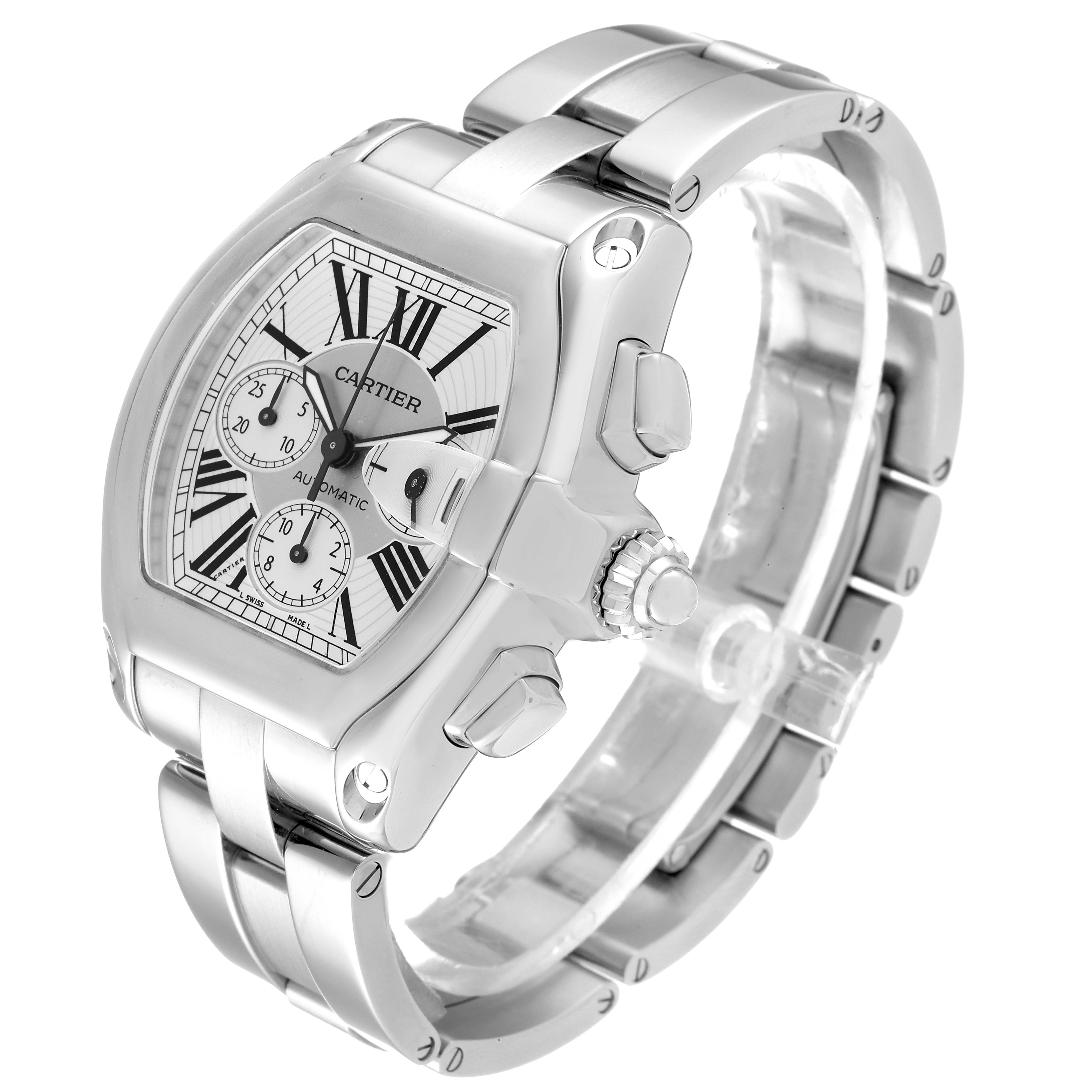 The image shows a Cartier Roadster W62019X6 Men
s Steel and Gold (two tone) Silver Dial W62019X6 Men
s Steel and Gold (two tone) Silver Dial watch from a three-quarter angle focusing on the face and metal bracelet.