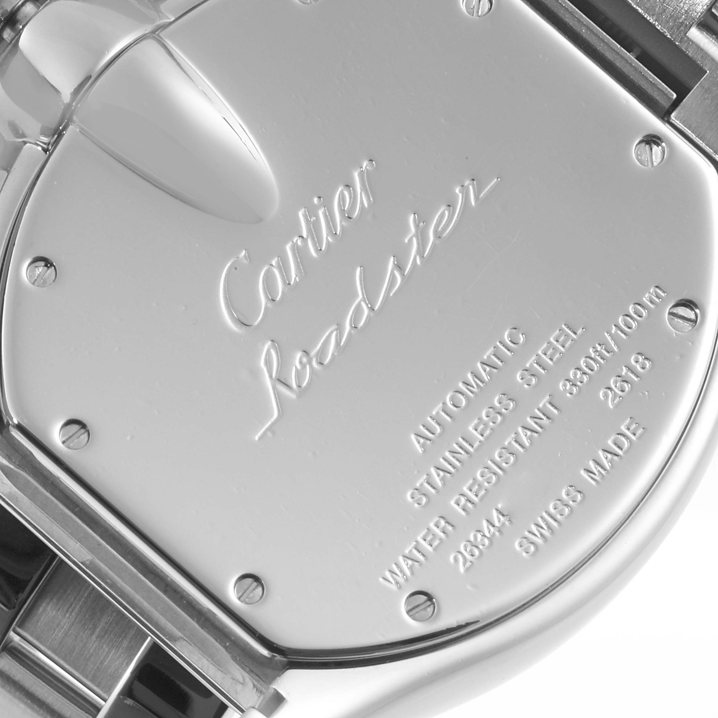 The image shows the back case of a Cartier Roadster W62019X6 Men
s Steel and Gold (two tone) Silver Dial W62019X6 Men
s Steel and Gold (two tone) Silver Dial watch, highlighting its model details and specifications.