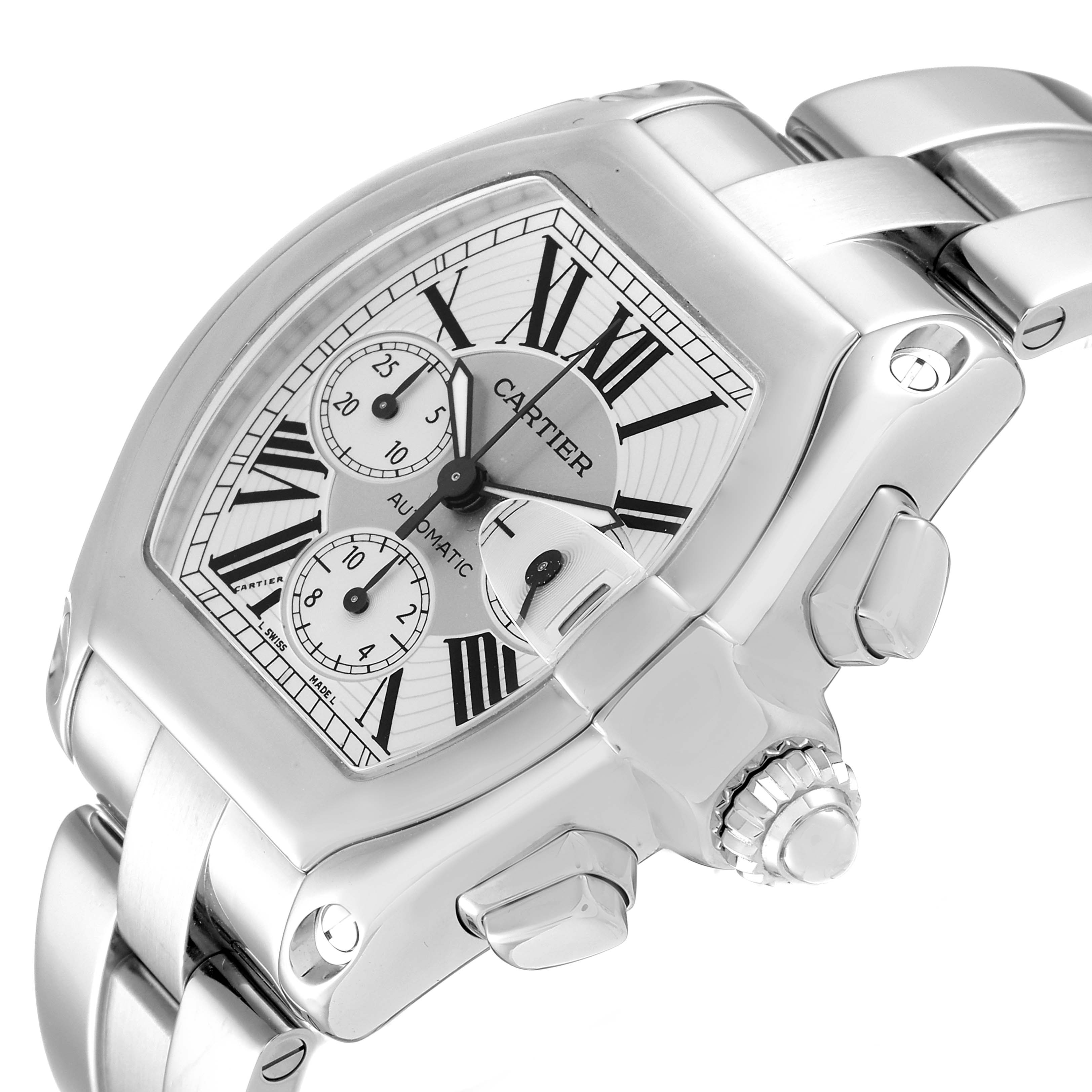 The image shows a side angle of the Cartier Roadster W62019X6 Men
s Steel and Gold (two tone) Silver Dial W62019X6 Men
s Steel and Gold (two tone) Silver Dial watch, highlighting its face, bezel, crown, and part of the bracelet.