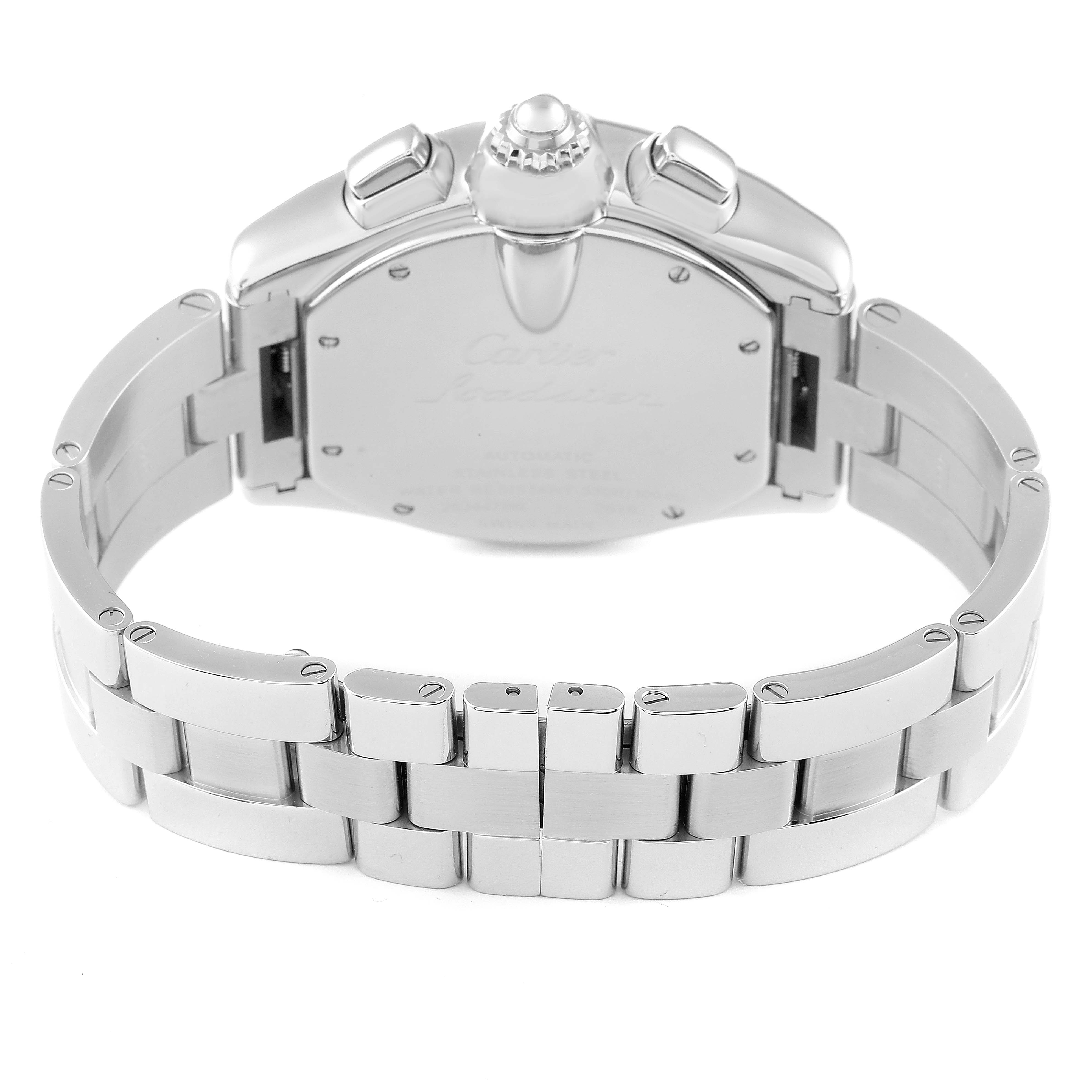 The image shows the back and bracelet of the Cartier Roadster W62019X6 Men
s Steel and Gold (two tone) Silver Dial W62019X6 Men
s Steel and Gold (two tone) Silver Dial watch from a straight-on angle.