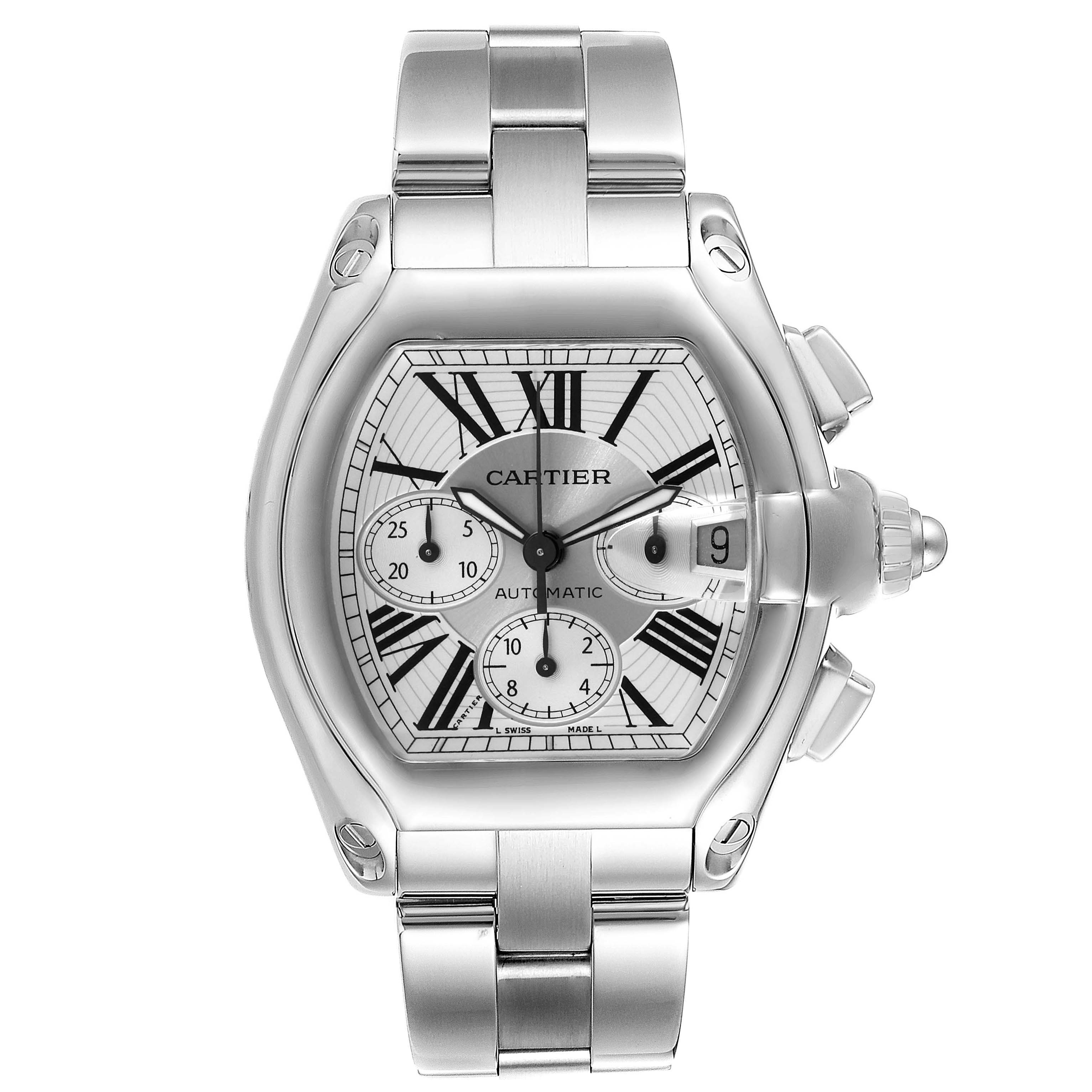 The Cartier Roadster W62019X6 Men
s Steel and Gold (two tone) Silver Dial W62019X6 Men
s Steel and Gold (two tone) Silver Dial watch is shown from the front, highlighting its dial, crown, and metal bracelet.