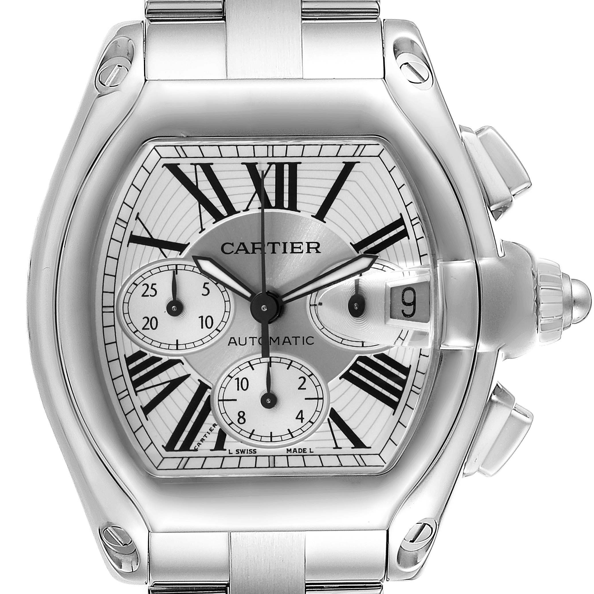 The image displays a front view of the Cartier Roadster W62019X6 Men
s Steel and Gold (two tone) Silver Dial W62019X6 Men
s Steel and Gold (two tone) Silver Dial watch, showcasing the dial, sub-dials, and date window.