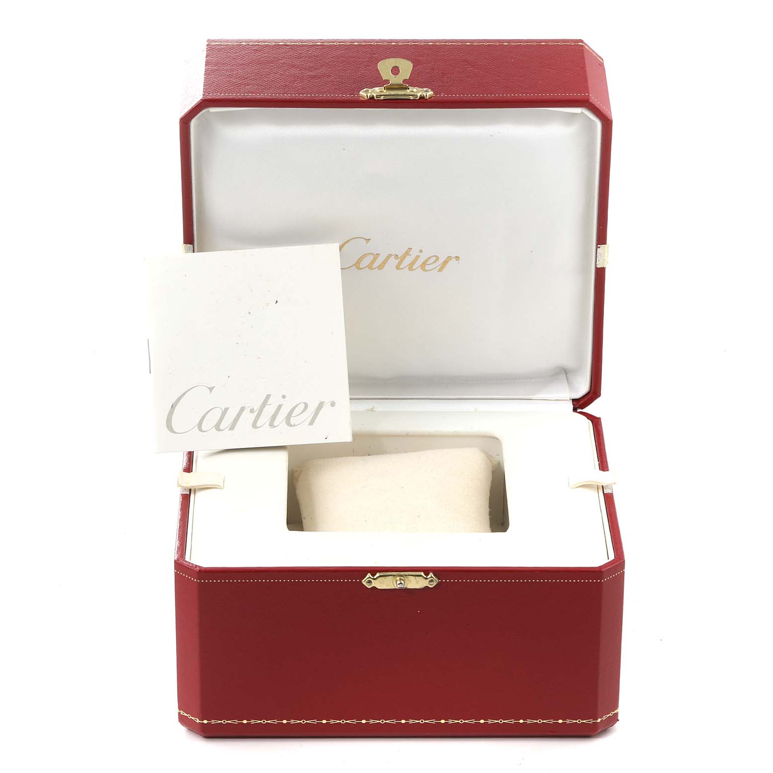 This image shows the opened red case and cushion for a Roadster model by Cartier, with a Cartier booklet displayed.