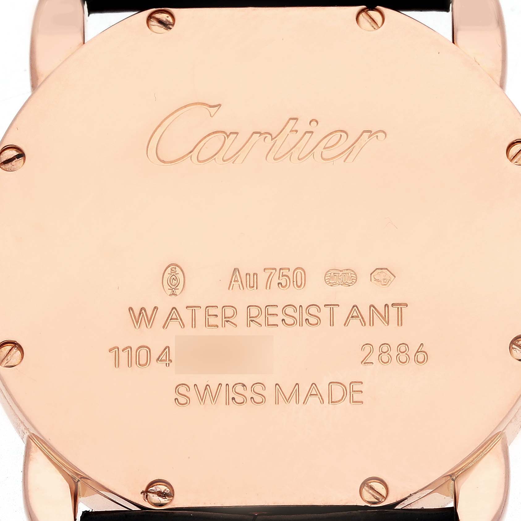 The image shows the back of a Cartier Ronde W6800151 Women's Rose Gold Silver Dial W6800151 Women's Rose Gold Silver Dial watch, displaying the brand name, model details, and specifications.