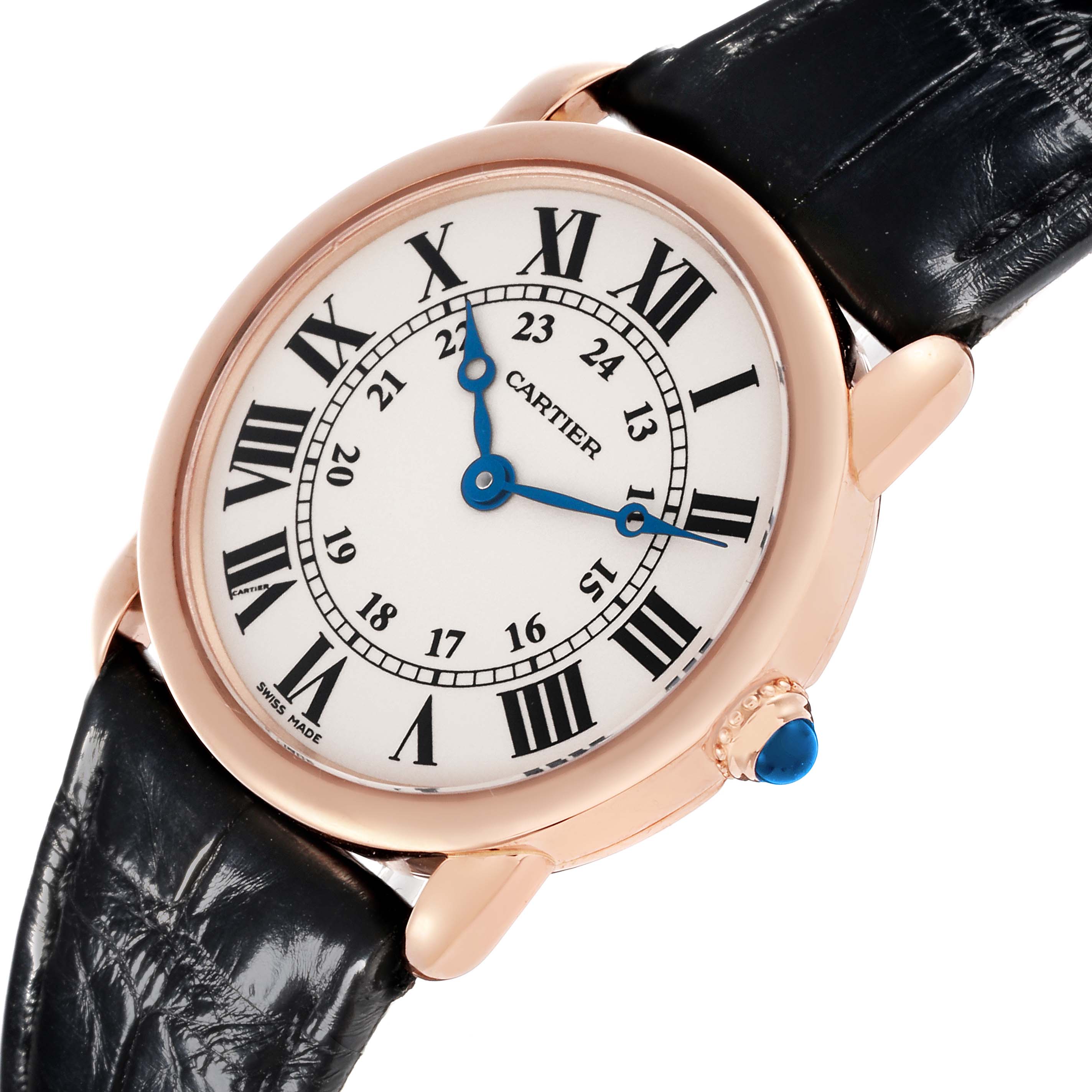 The Cartier Ronde W6800151 Women's Rose Gold Silver Dial W6800151 Women's Rose Gold Silver Dial watch is shown at an angled view, displaying the face, crown, and part of the leather strap.