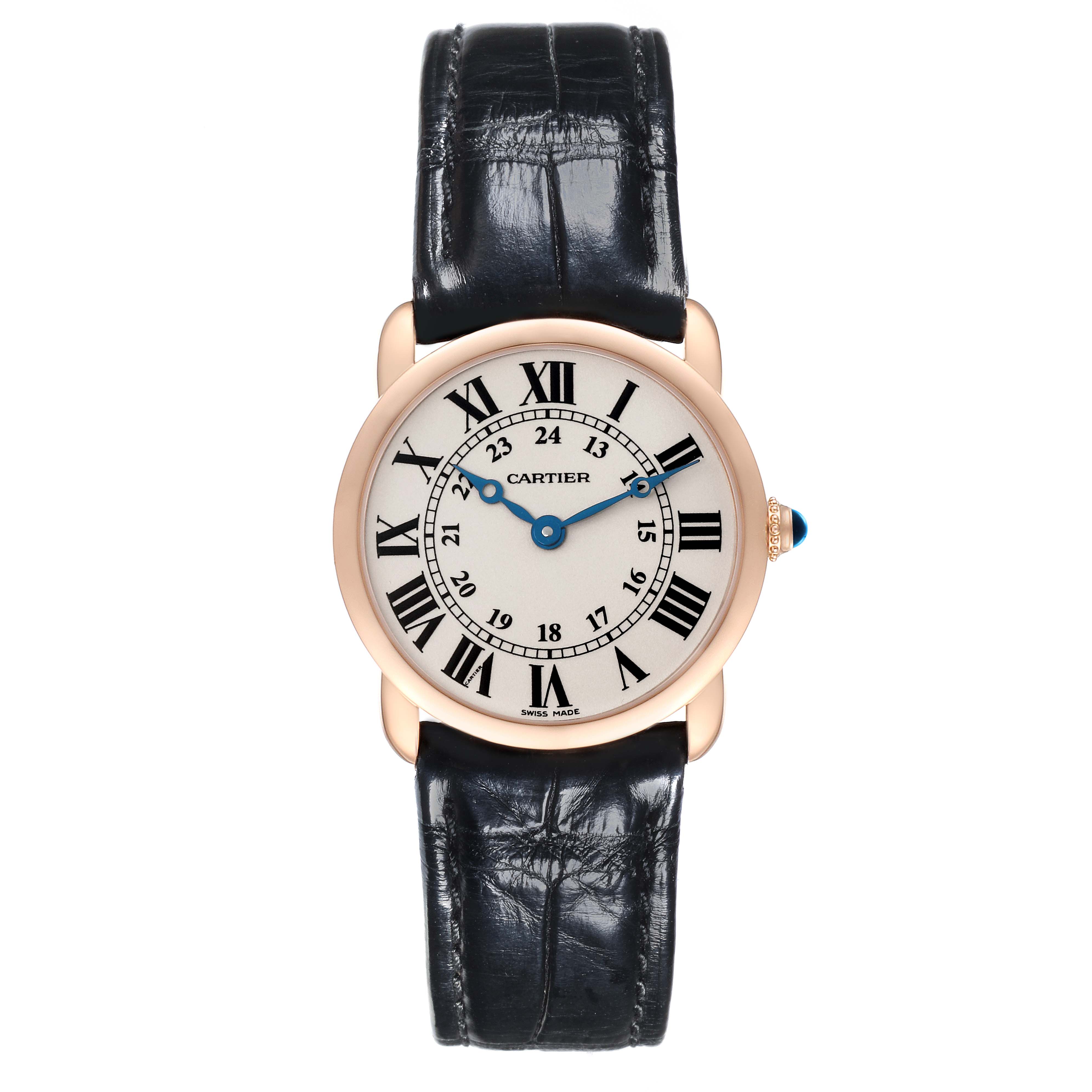 The Cartier Ronde W6800151 Women's Rose Gold Silver Dial W6800151 Women's Rose Gold Silver Dial watch is shown from a front angle, featuring its dial, case, and leather strap.